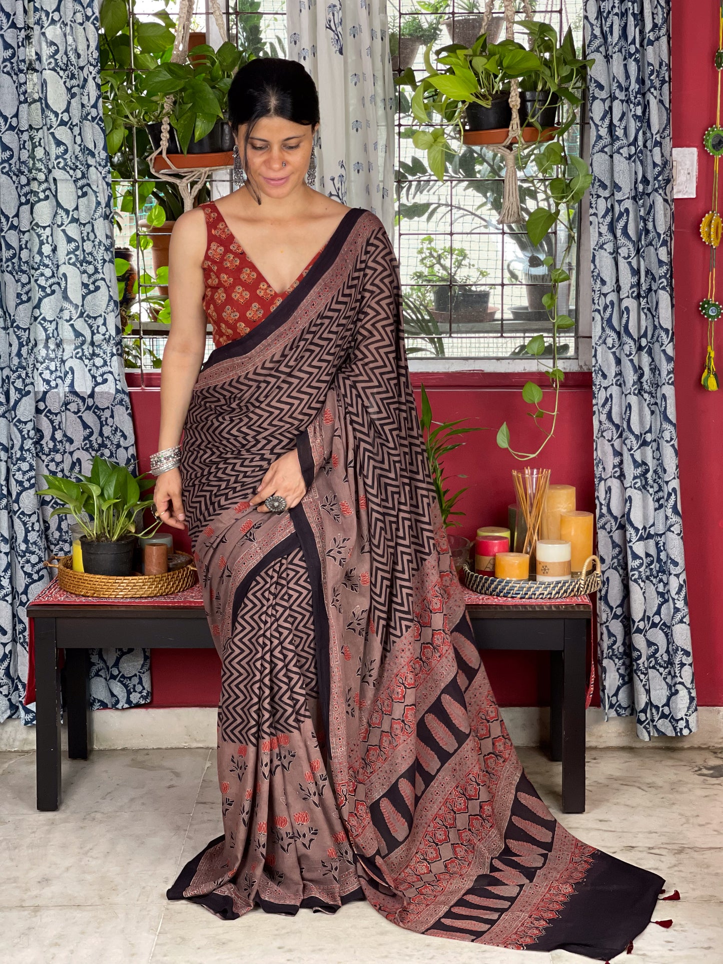 Handblock Printed Natural Dyed Ajrakh Mull Cotton Saree