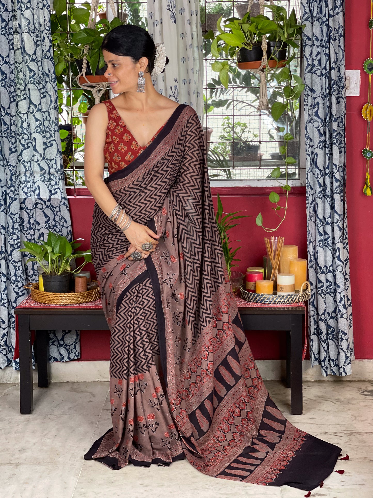 Handblock Printed Natural Dyed Ajrakh Mull Cotton Saree