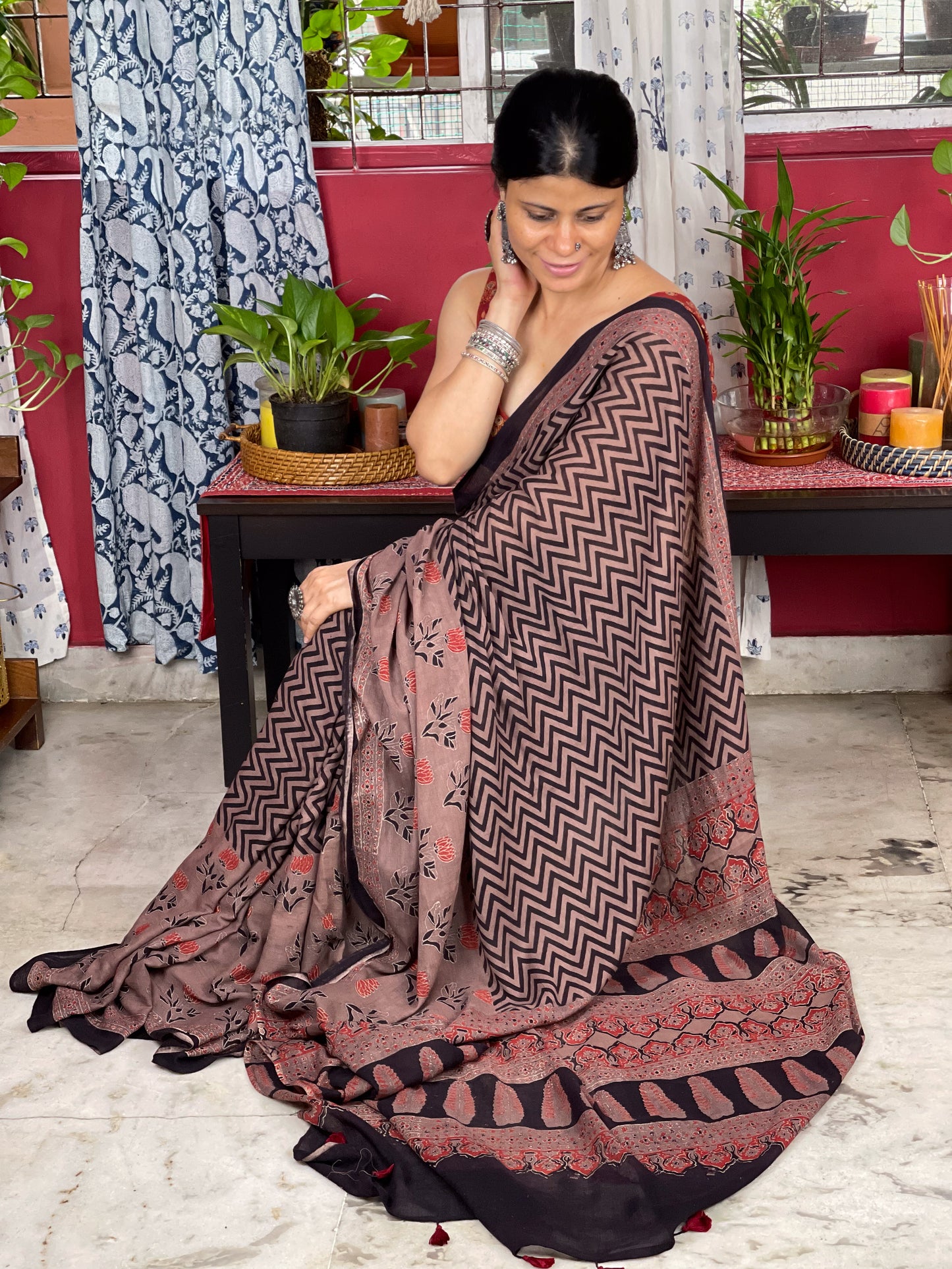 Handblock Printed Natural Dyed Ajrakh Mull Cotton Saree