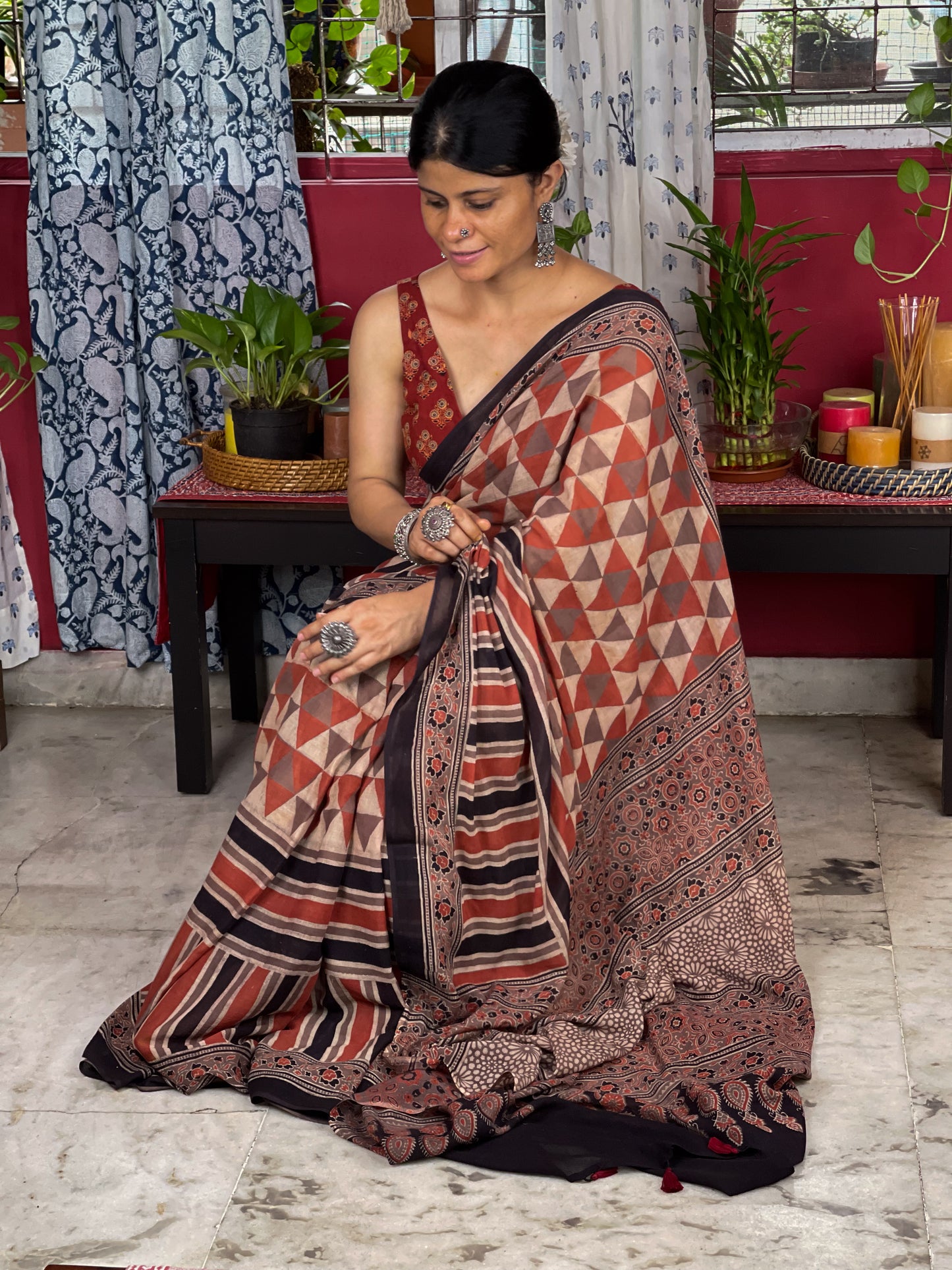 Handblock Printed Natural Dyed Ajrakh Mull Cotton Saree