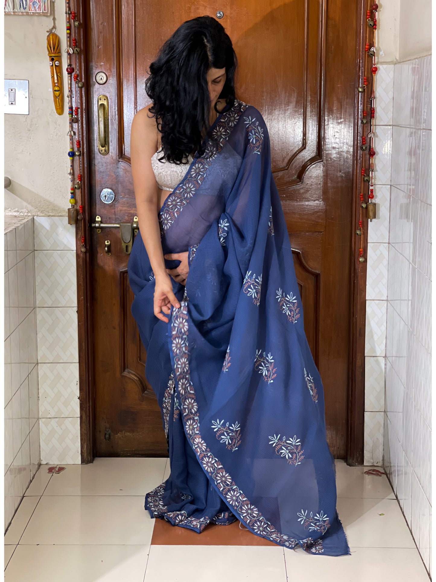 Handembroidered Chikanakri Pure Kota Doria Cotton Saree