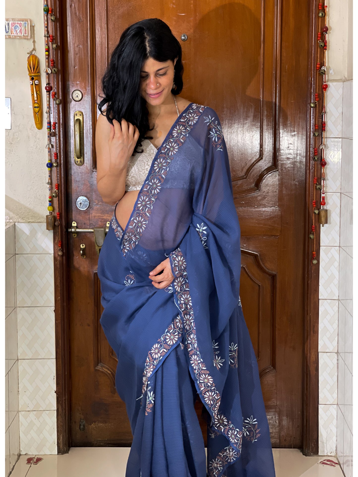 Handembroidered Chikanakri Pure Kota Doria Cotton Saree