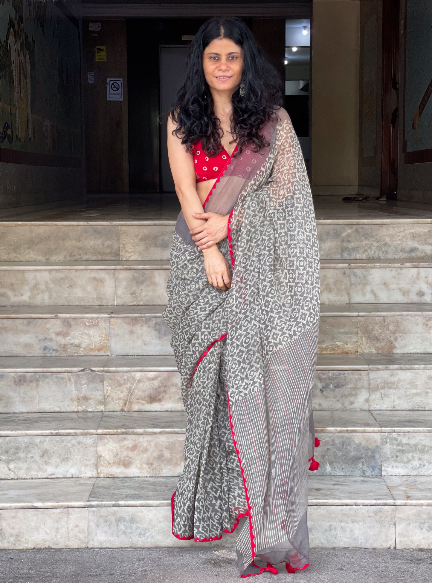 Hand block & Applique Hand Embroidered Kota Doria Saree