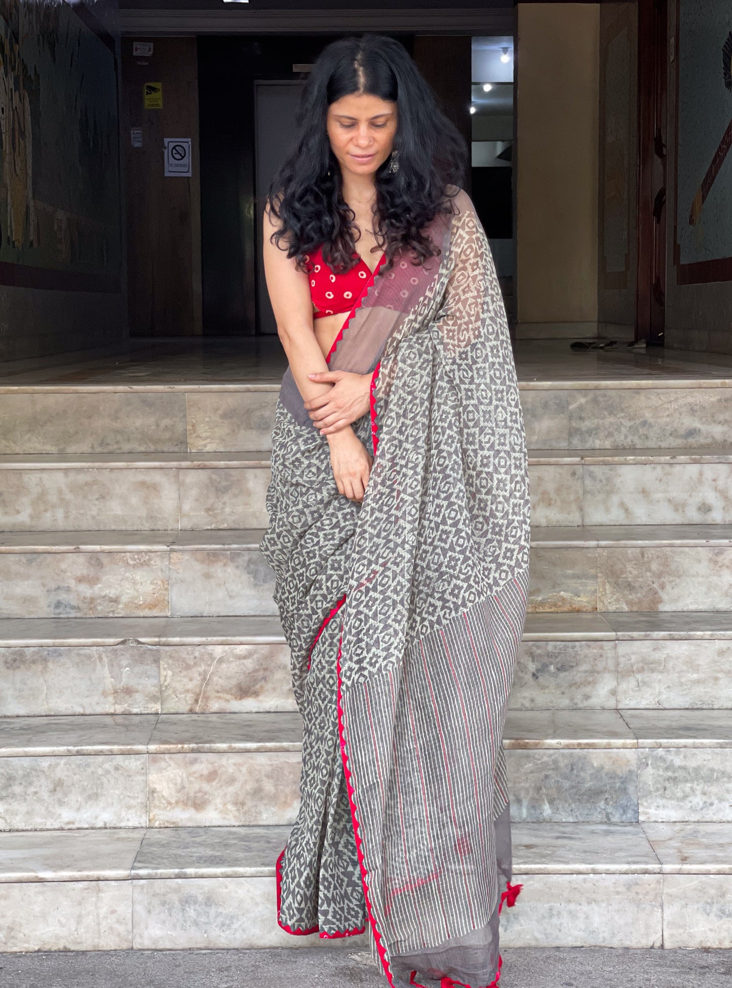 Hand block & Applique Hand Embroidered Kota Doria Saree