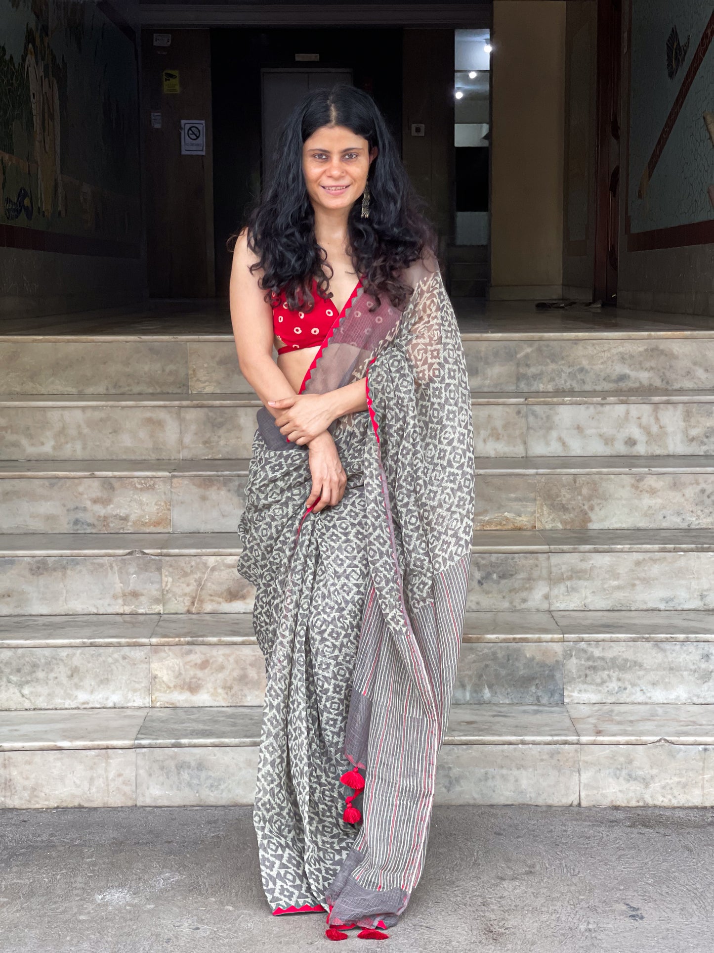 Hand block & Applique Hand Embroidered Kota Doria Saree