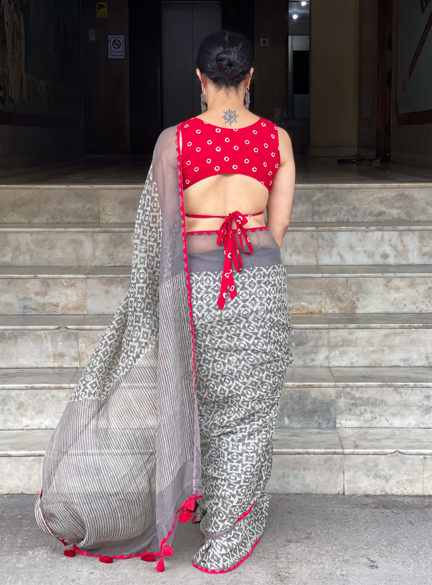 Hand block & Applique Hand Embroidered Kota Doria Saree