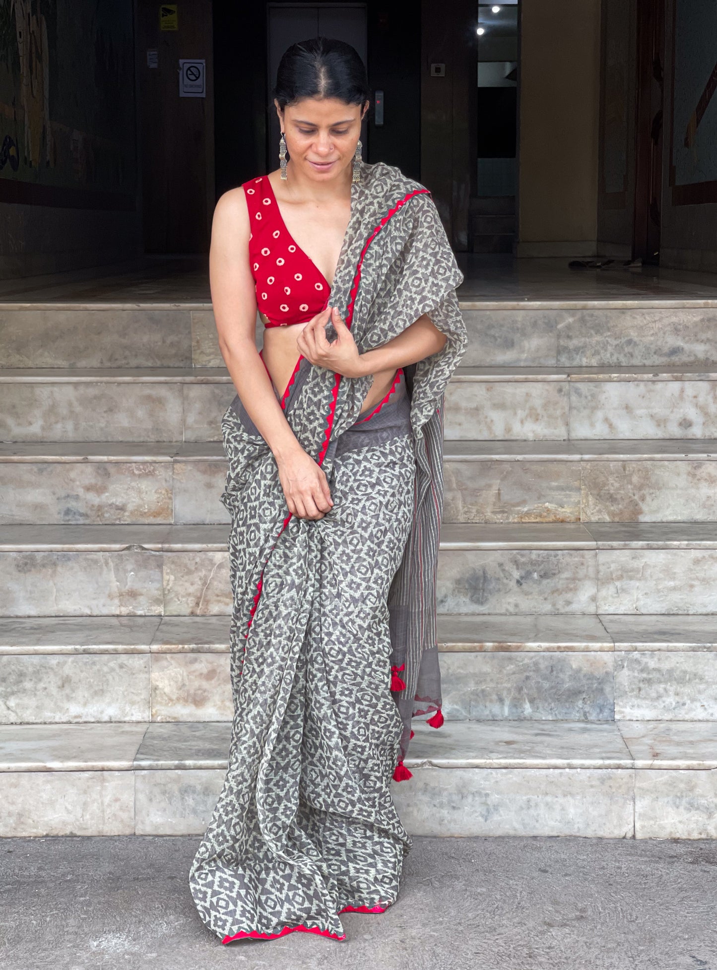 Hand block & Applique Hand Embroidered Kota Doria Saree