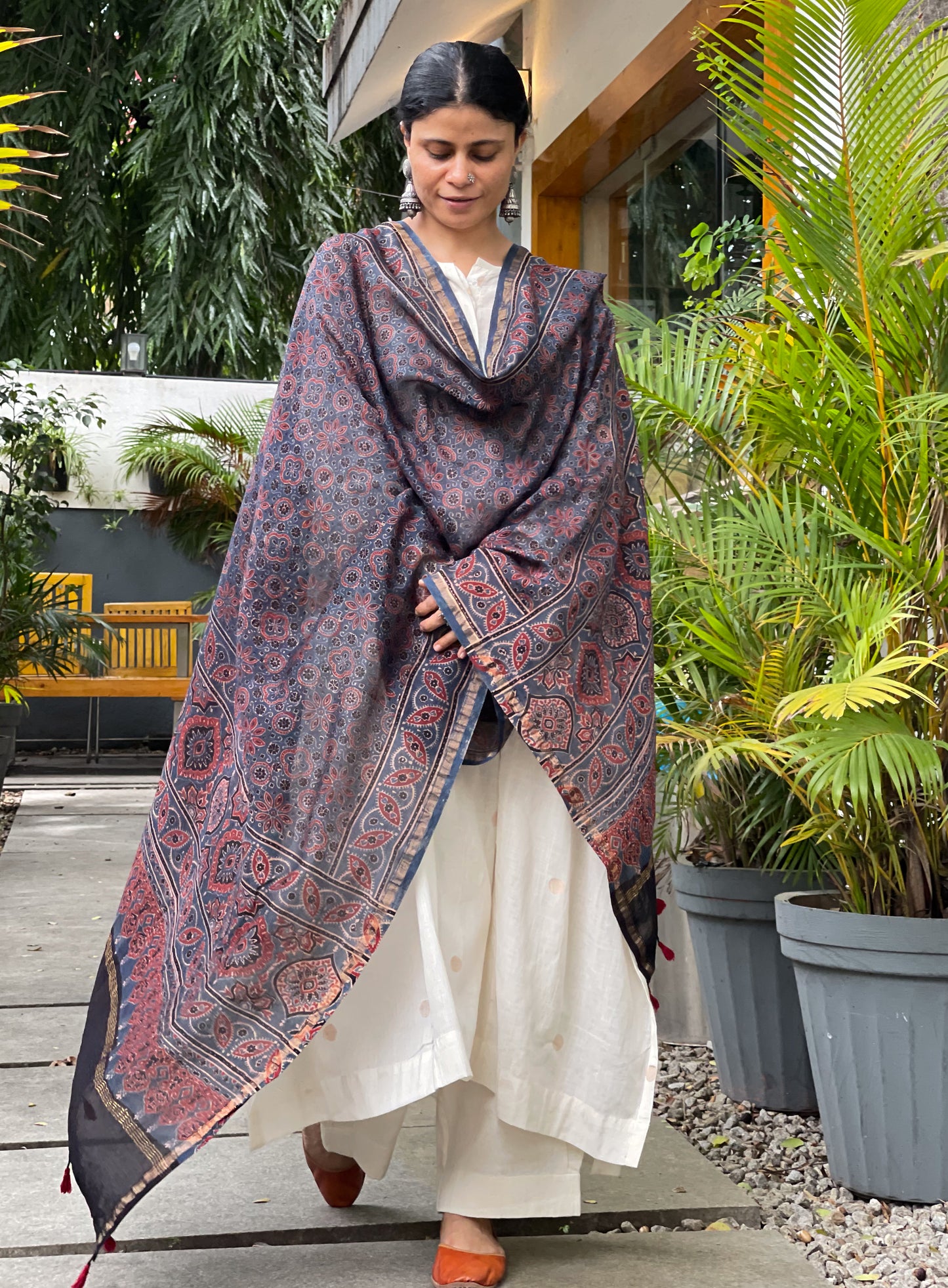 Natural Dyed Handblock Printed Ajrakh Chanderi Silk Dupatta