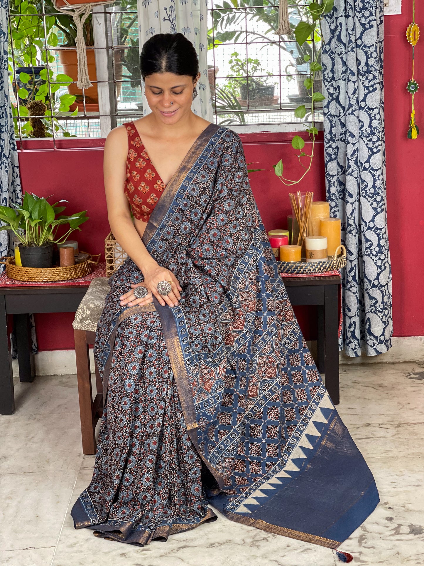 Handblock Printed Natural Dyed Ajrakh Mull Cotton Saree