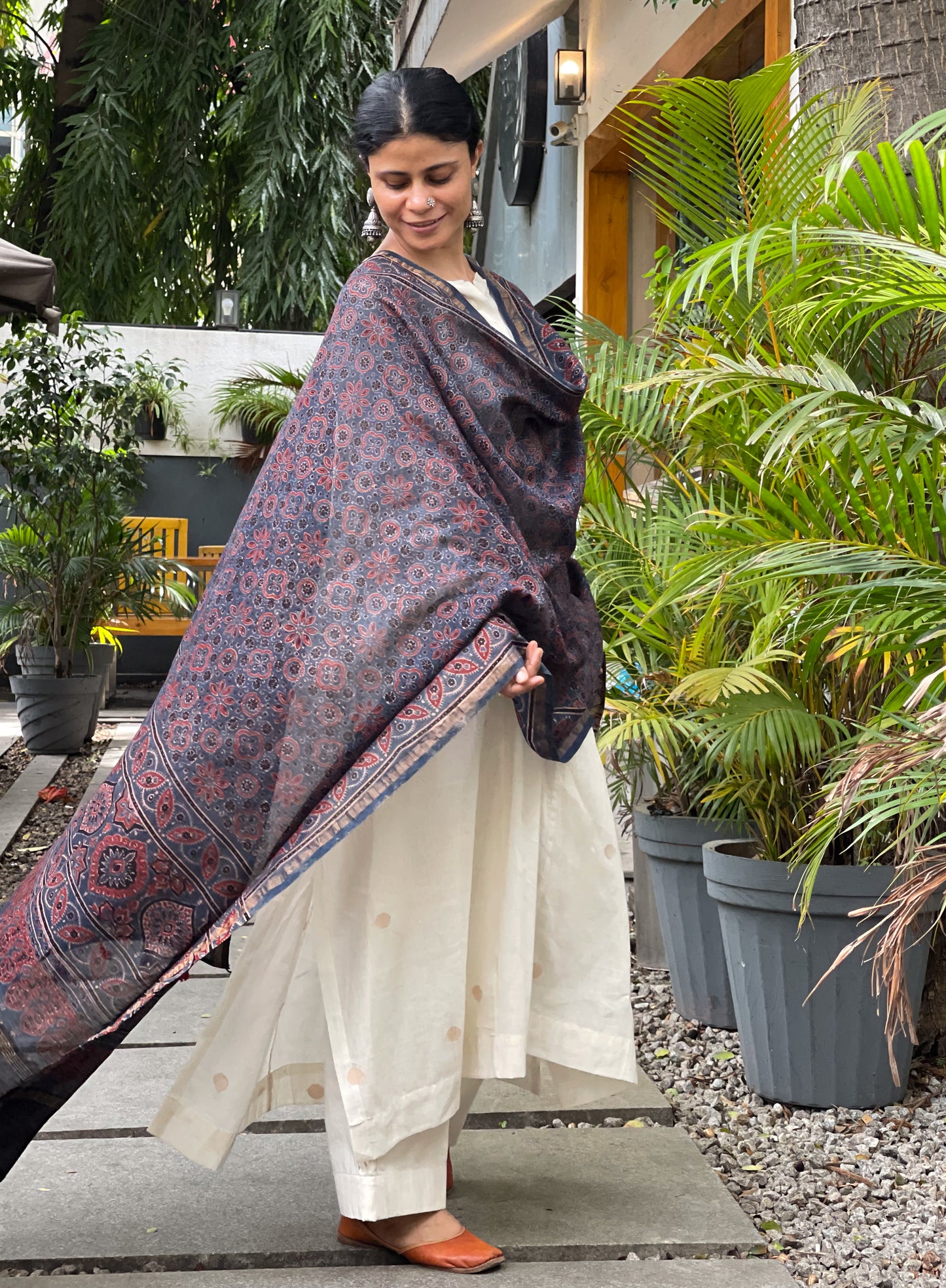 Natural Dyed Handblock Printed Ajrakh Chanderi Silk Dupatta