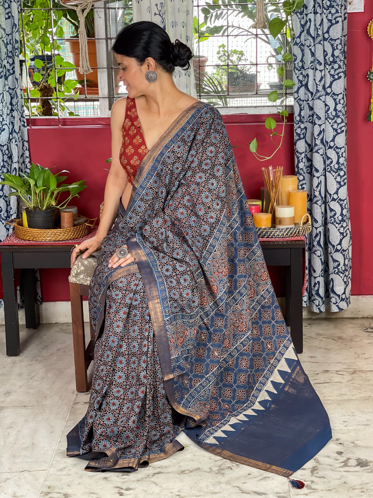 Handblock Printed Natural Dyed Ajrakh Mull Cotton Saree