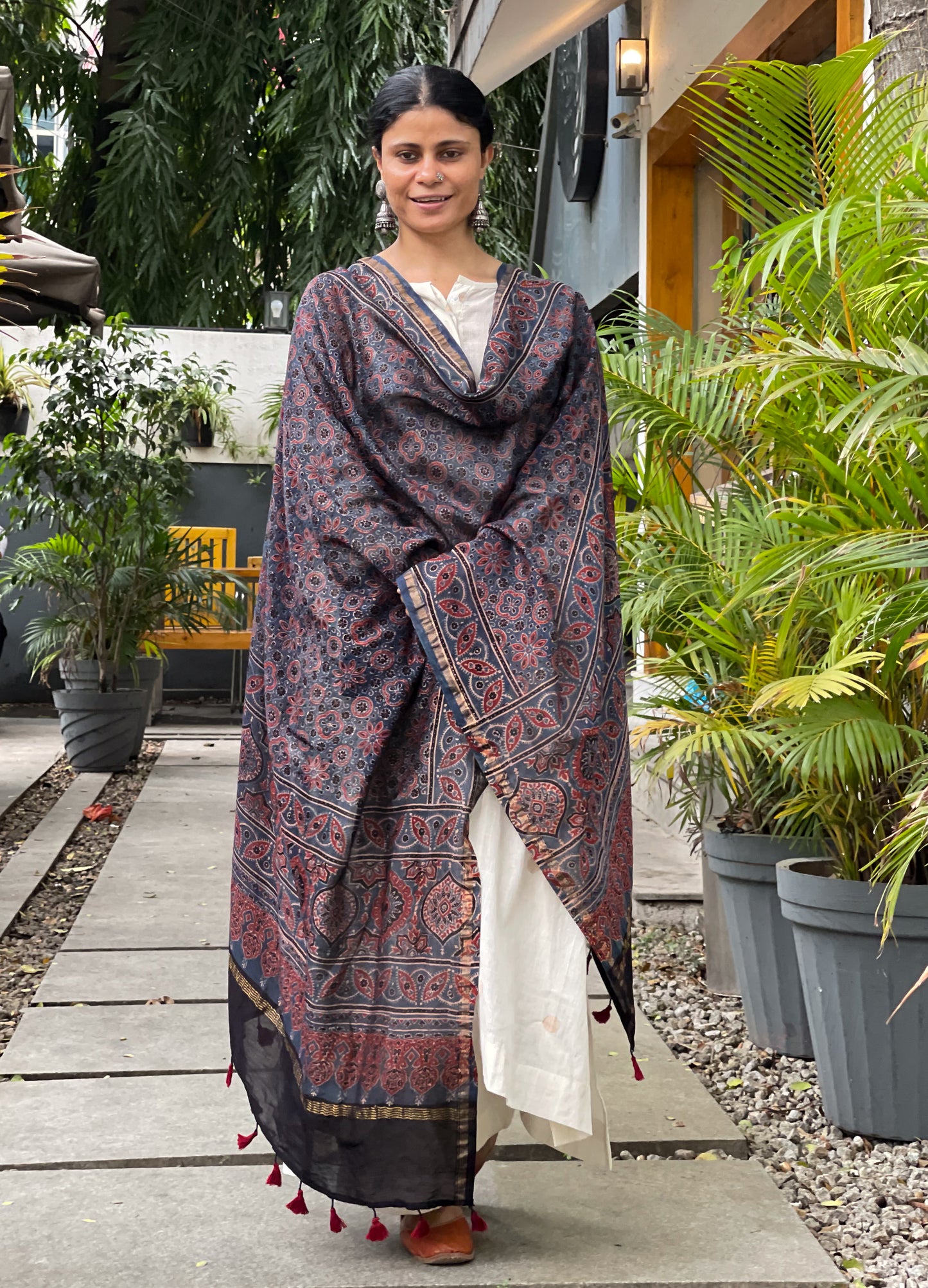 Natural Dyed Handblock Printed Ajrakh Chanderi Silk Dupatta