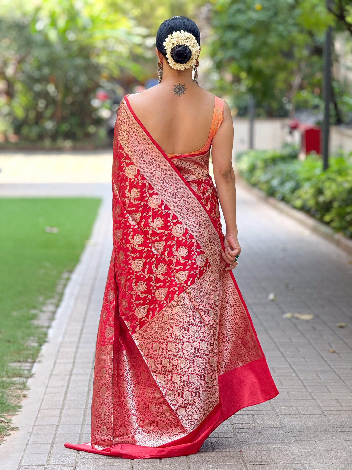Deep Red Colour Pure Meenakari /Silver Alfi Jangle Weaving Handloom Katan Mulbery Silk Saree