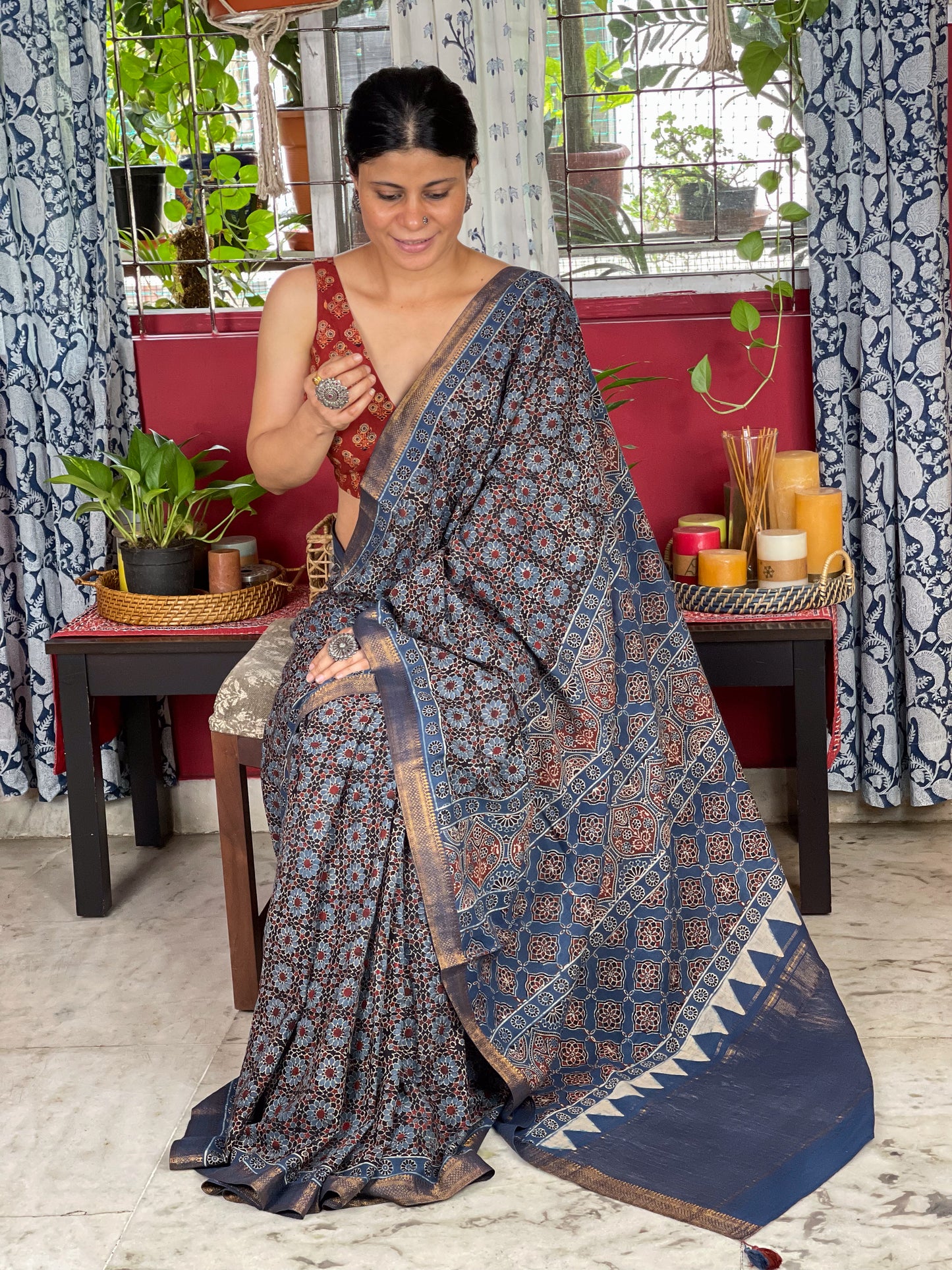 Handblock Printed Natural Dyed Ajrakh Mull Cotton Saree