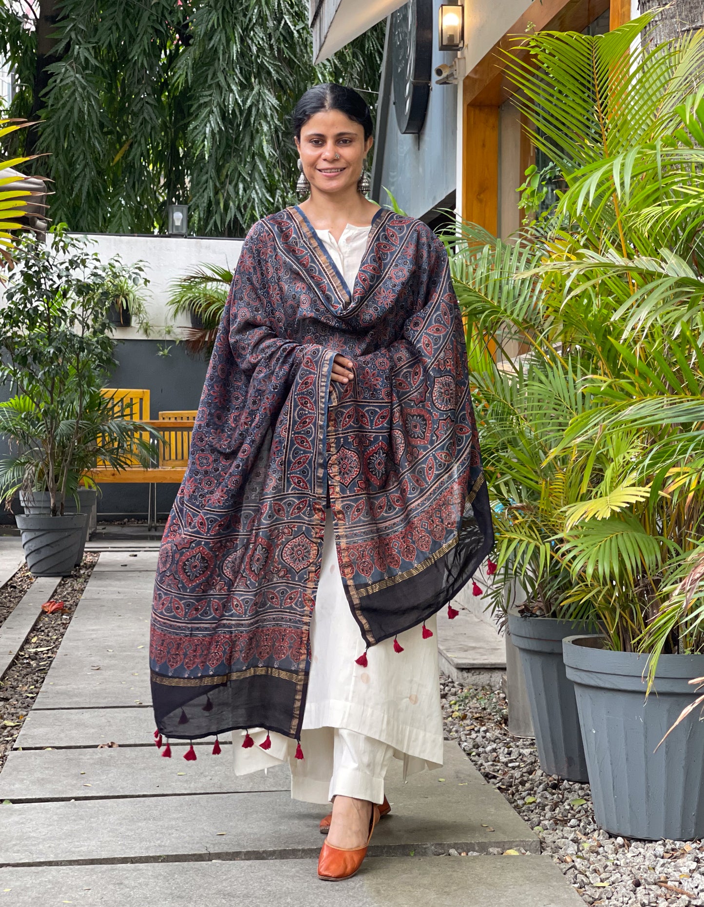 Natural Dyed Handblock Printed Ajrakh Chanderi Silk Dupatta