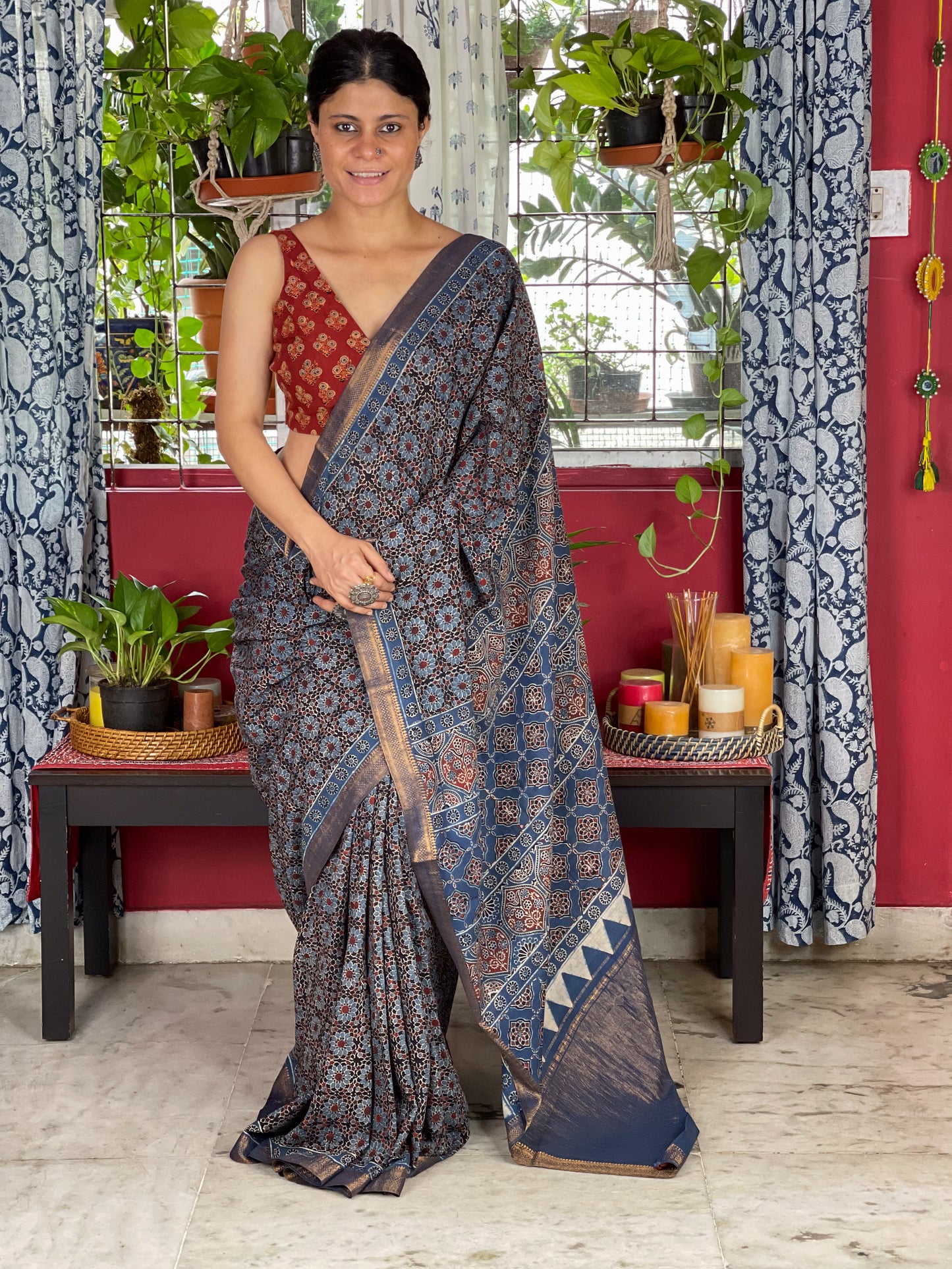 Handblock Printed Natural Dyed Ajrakh Mull Cotton Saree