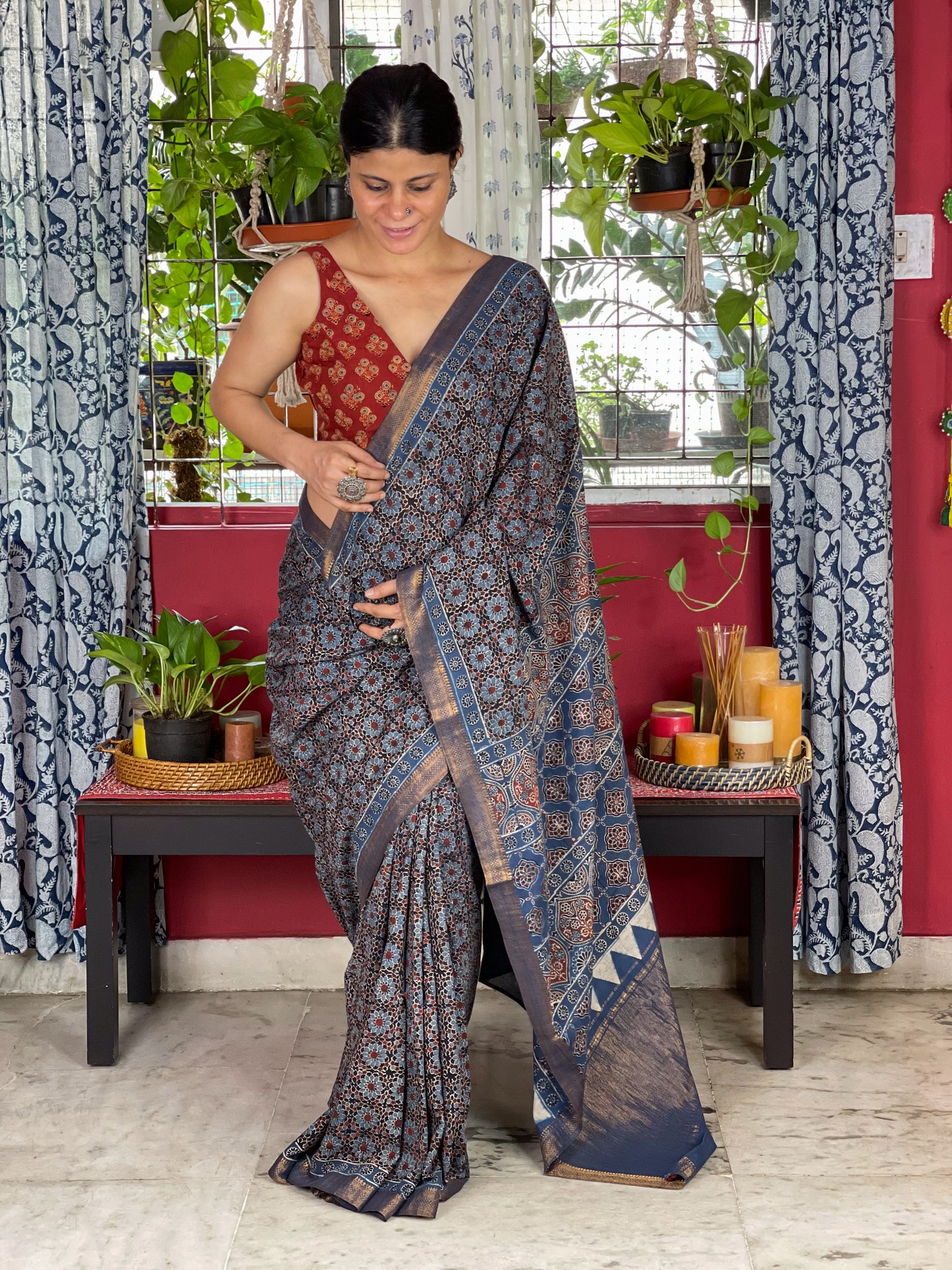 Handblock Printed Natural Dyed Ajrakh Mull Cotton Saree