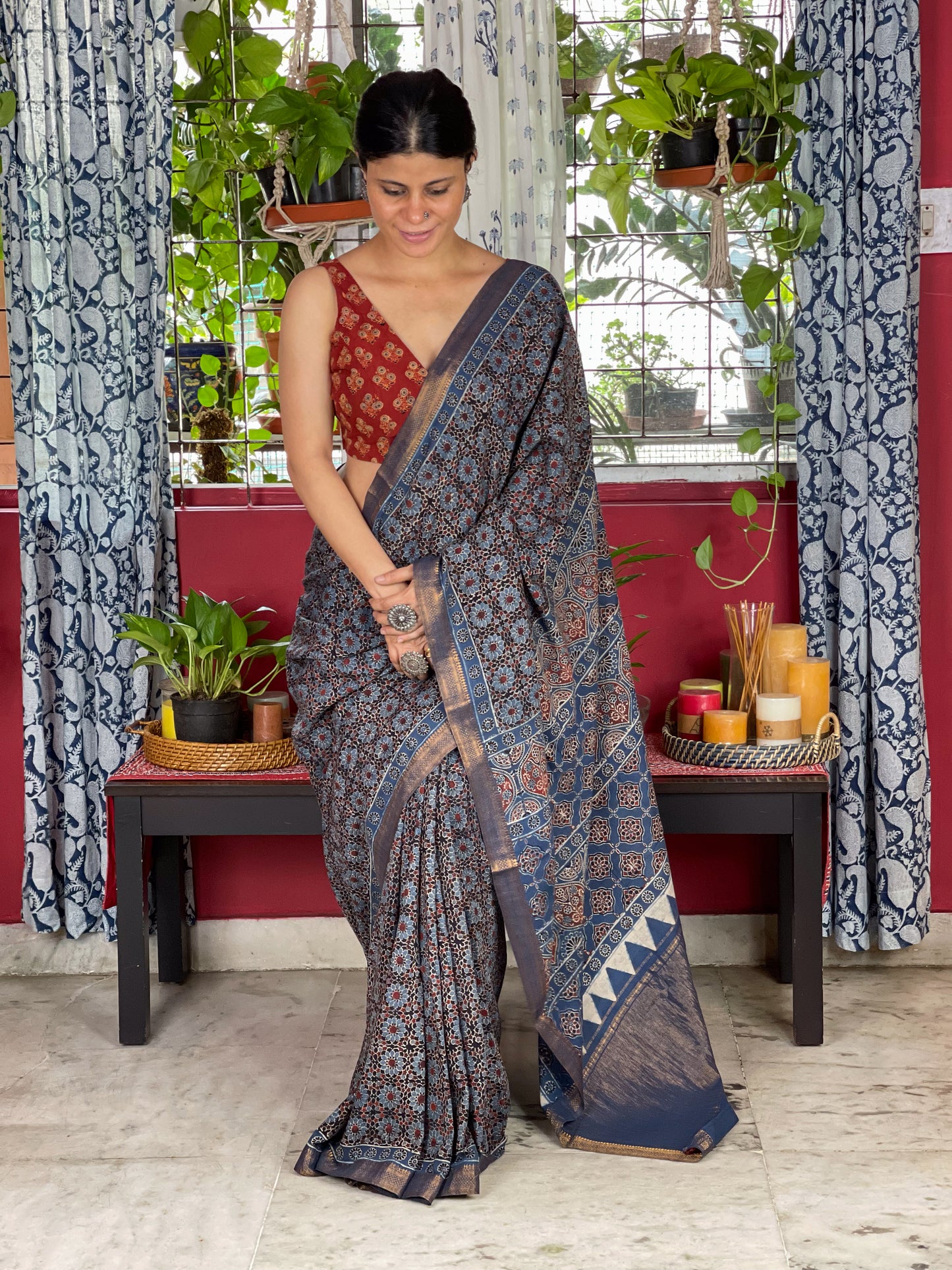 Handblock Printed Natural Dyed Ajrakh Mull Cotton Saree
