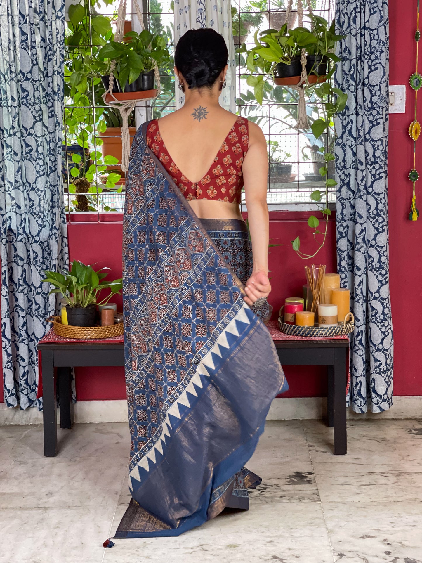 Handblock Printed Natural Dyed Ajrakh Mull Cotton Saree
