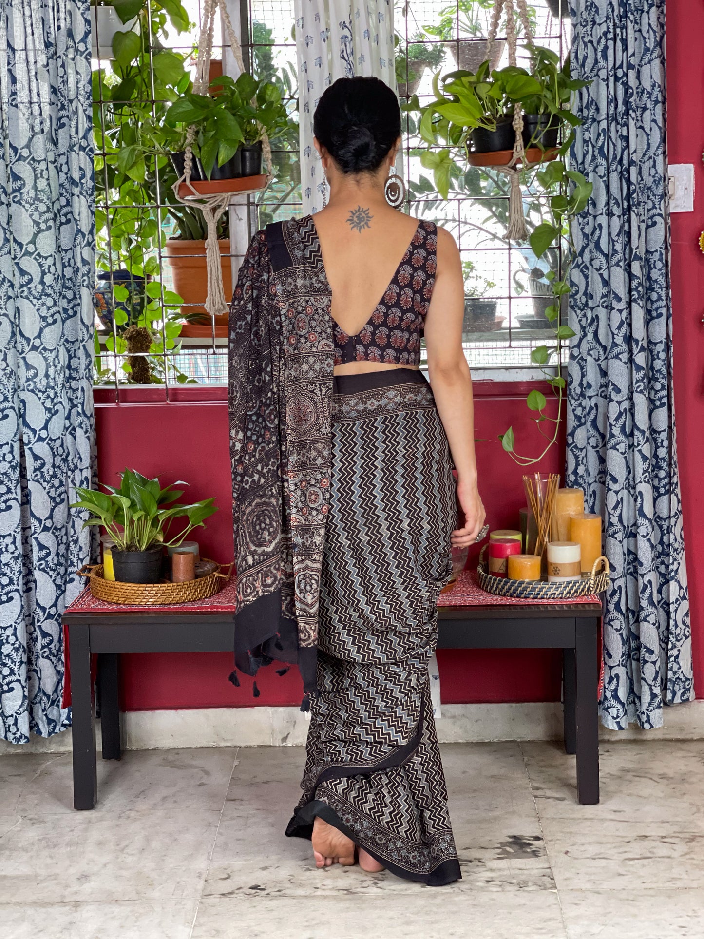 Handblock Printed Natural Dyed Ajrakh Mull Cotton Saree
