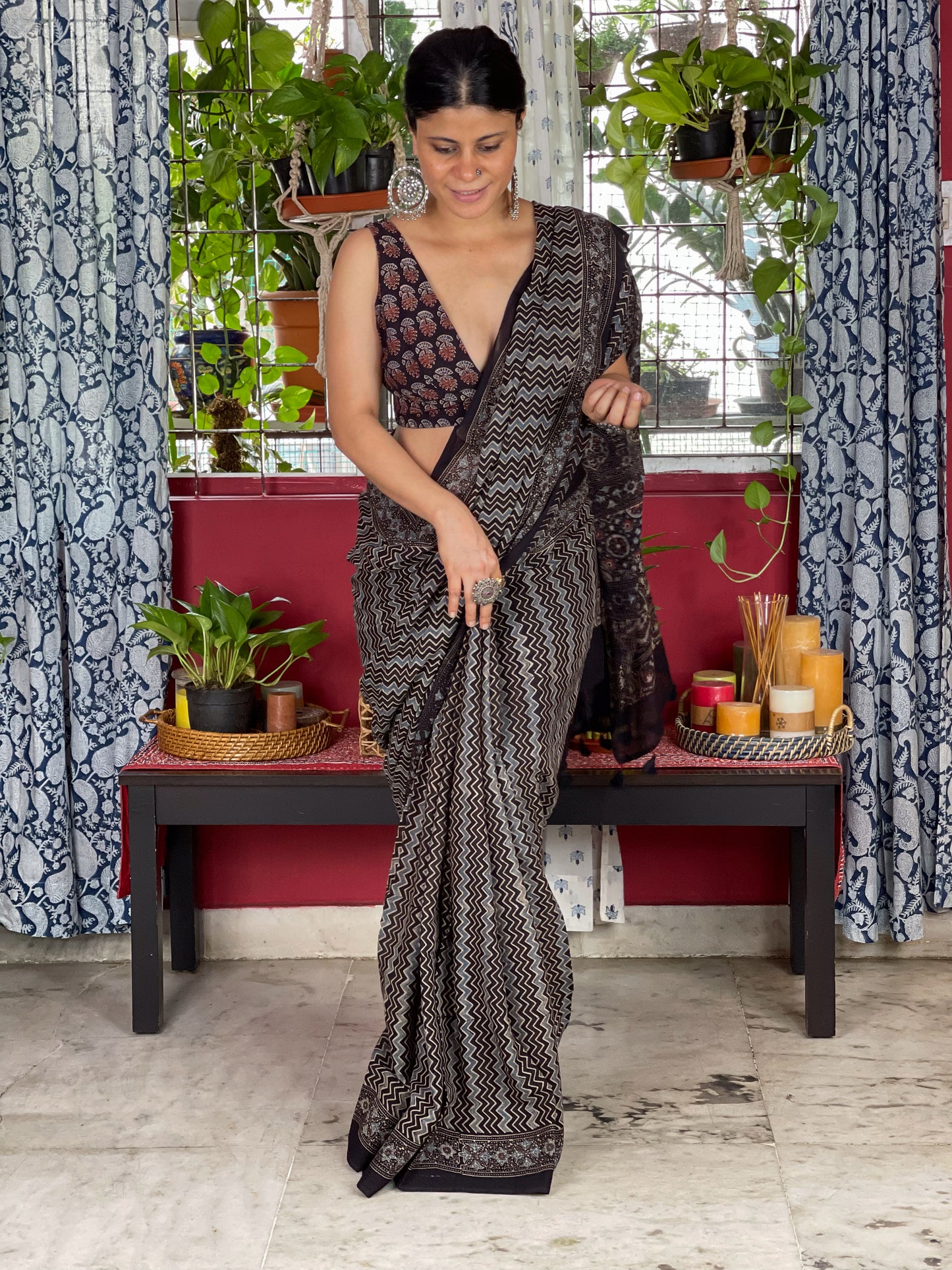 Handblock Printed Natural Dyed Ajrakh Mull Cotton Saree