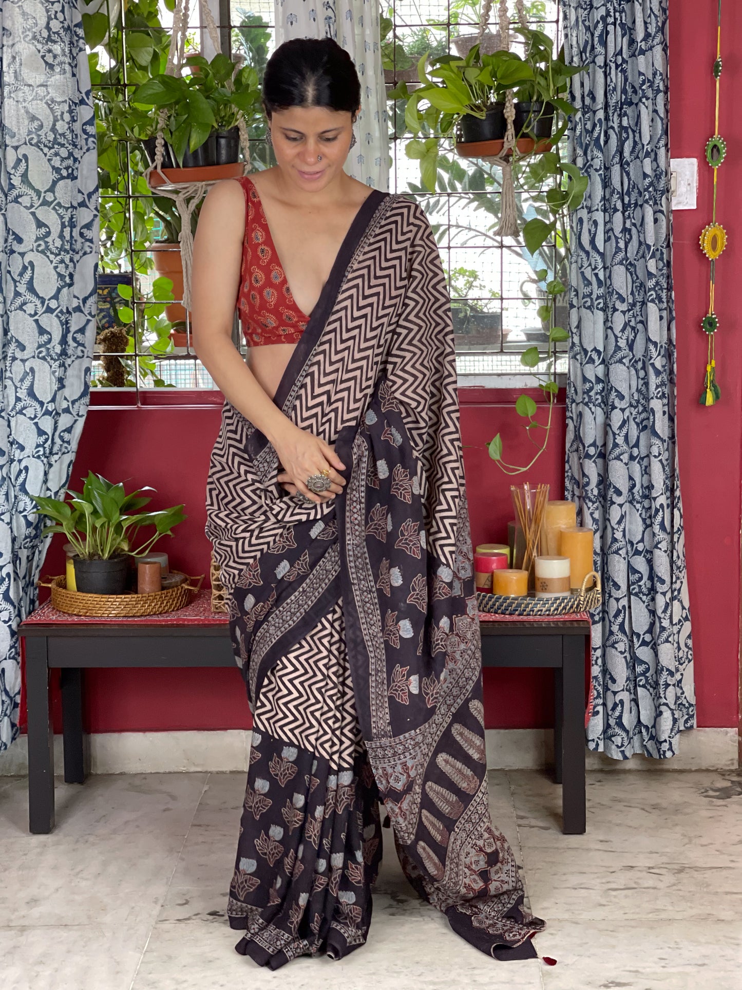 Handblock Printed Natural Dyed Ajrakh Mull Cotton Saree