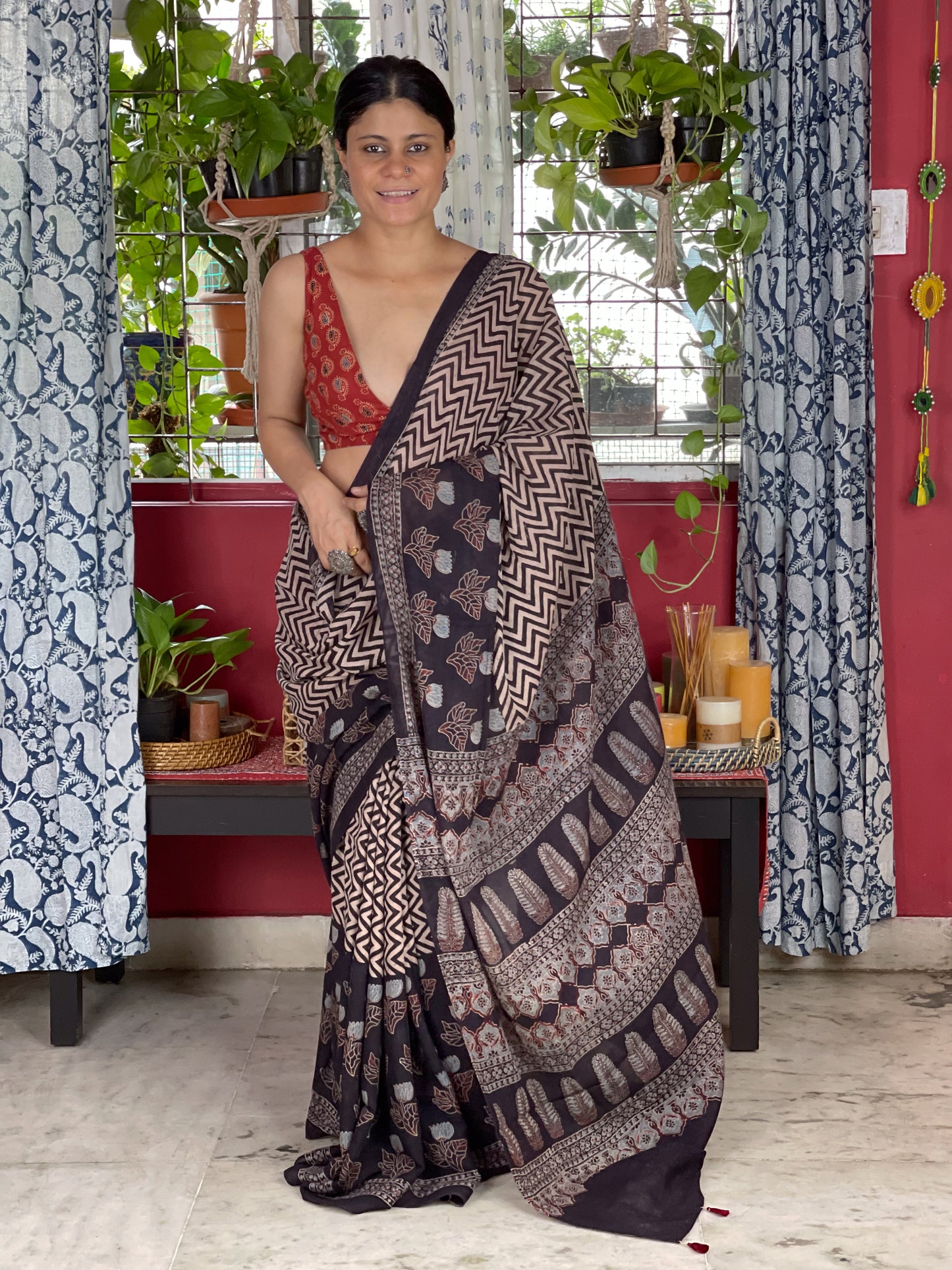 Handblock Printed Natural Dyed Ajrakh Mull Cotton Saree