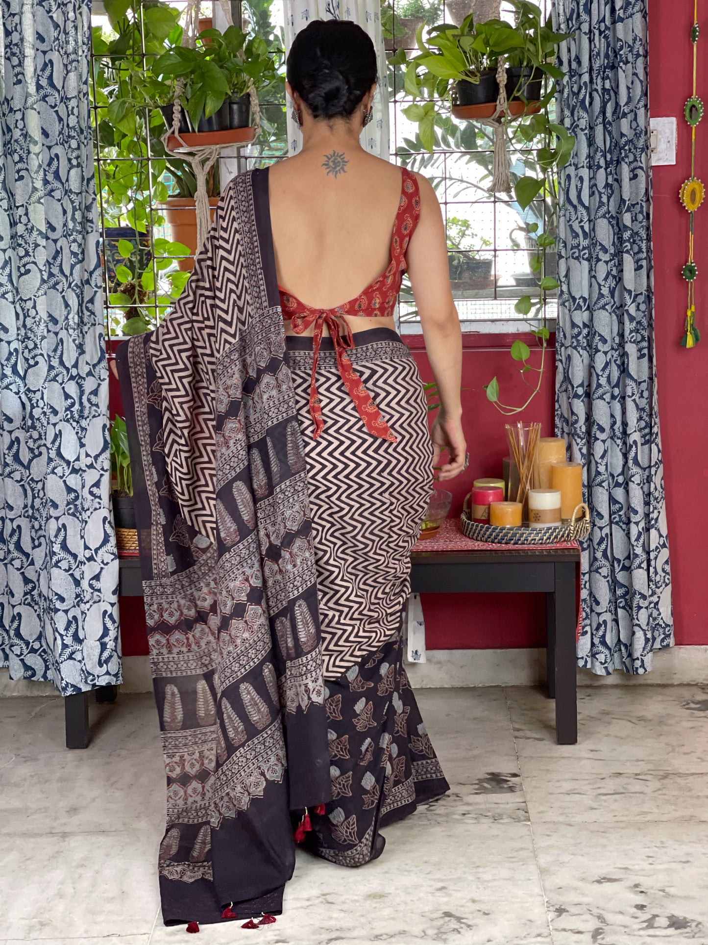 Handblock Printed Natural Dyed Ajrakh Mull Cotton Saree