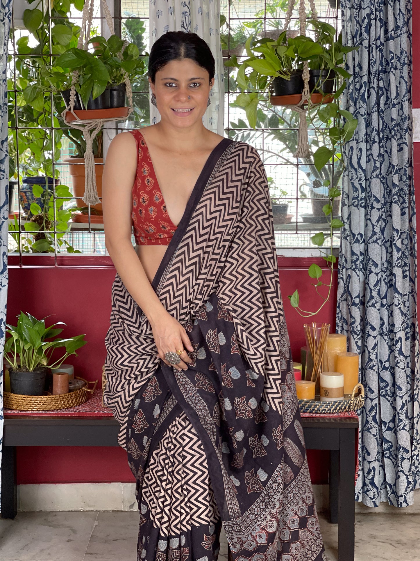 Handblock Printed Natural Dyed Ajrakh Mull Cotton Saree