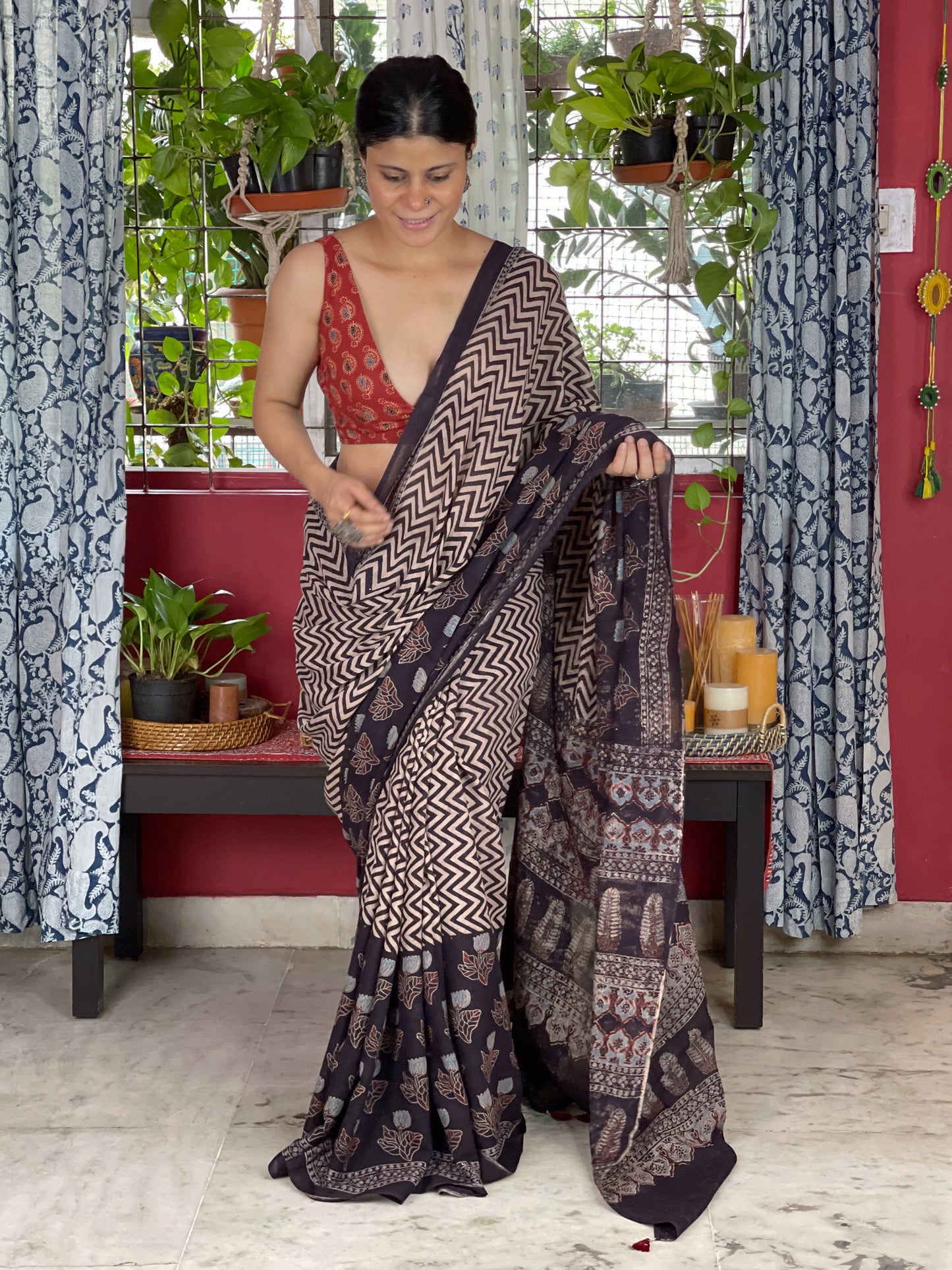 Handblock Printed Natural Dyed Ajrakh Mull Cotton Saree