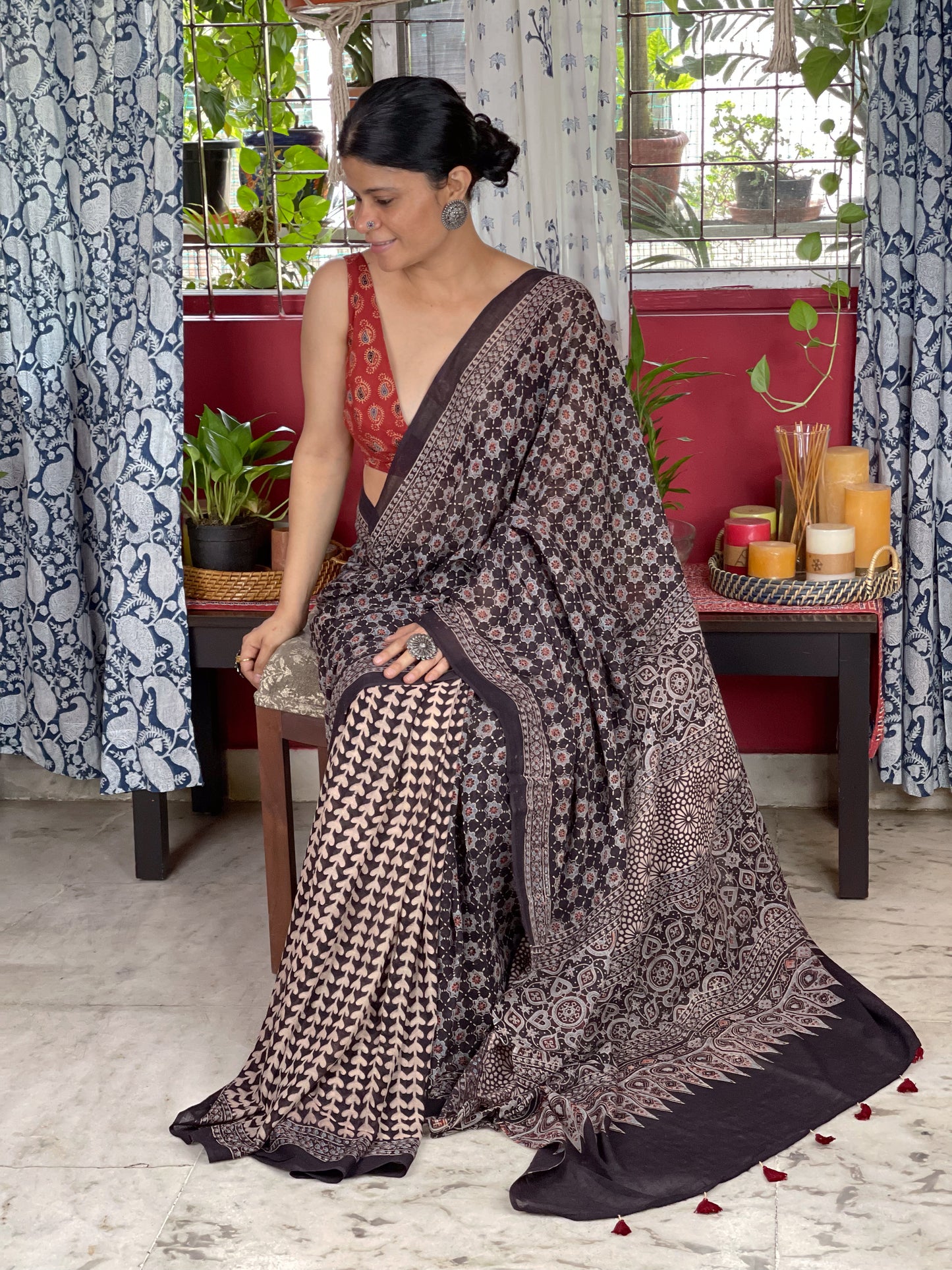 Handblock Printed Natural Dyed Ajrakh Mull Cotton Saree