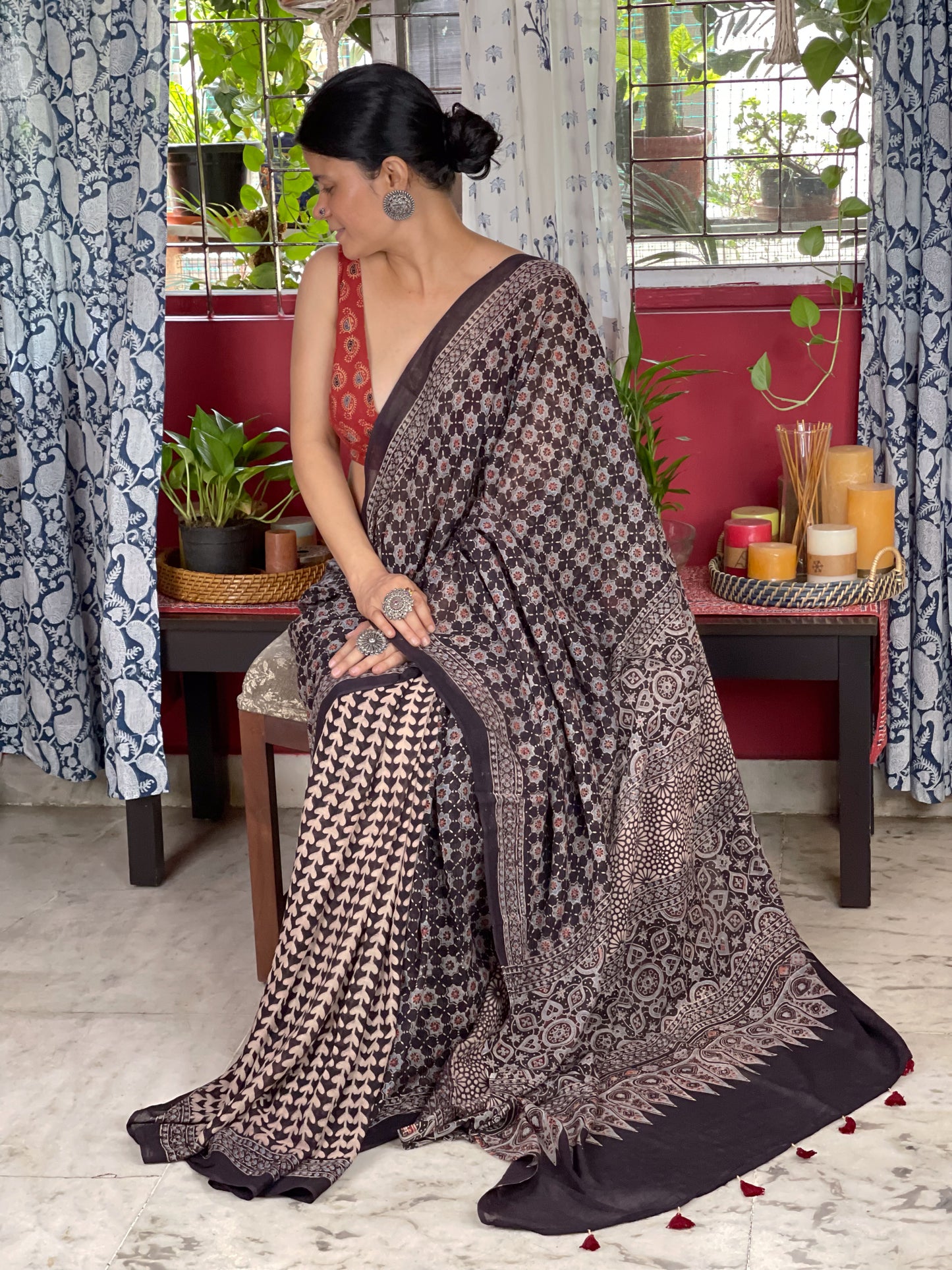 Handblock Printed Natural Dyed Ajrakh Mull Cotton Saree