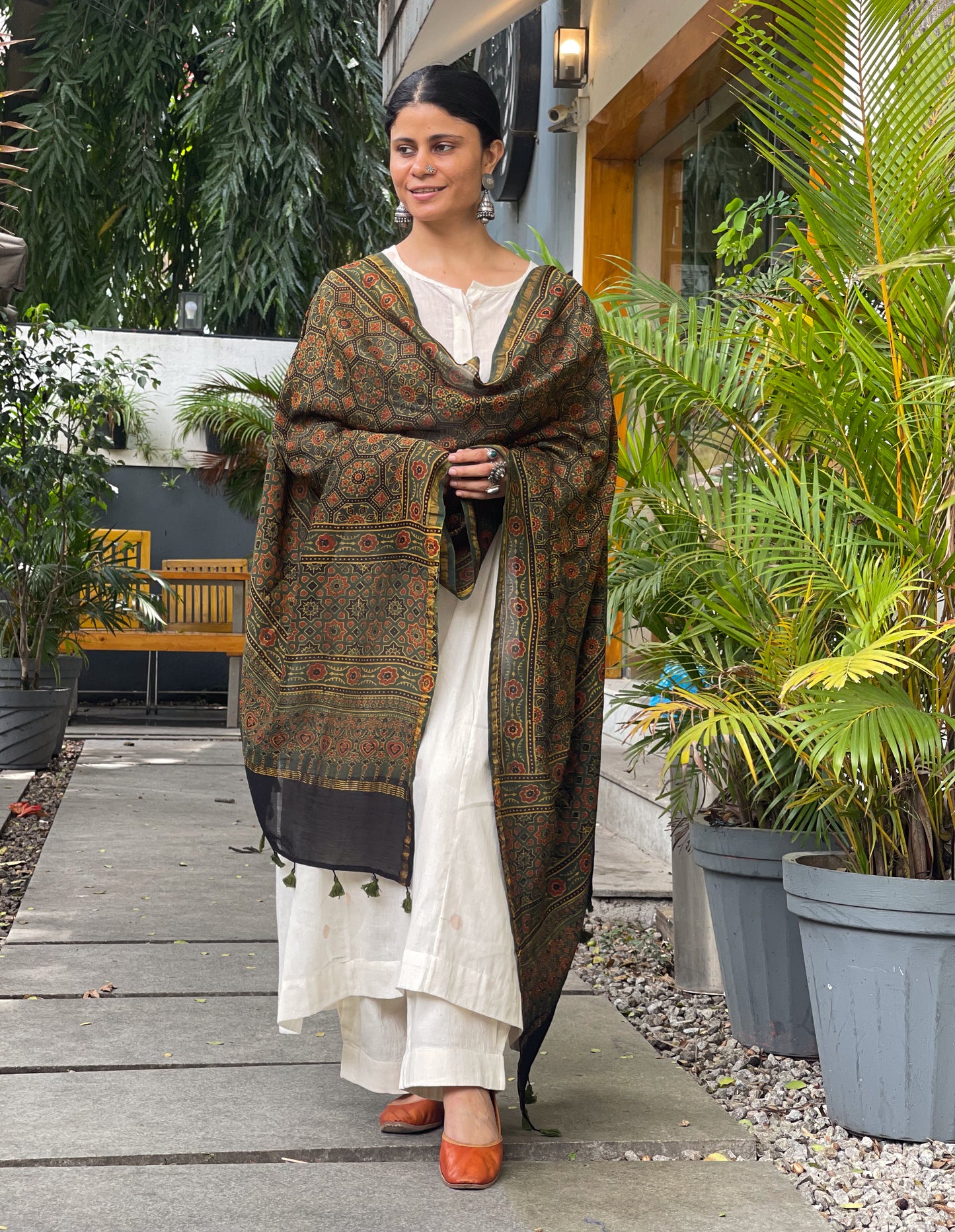 Natural Dyed Handblock Printed Ajrakh Chanderi Silk Dupatta
