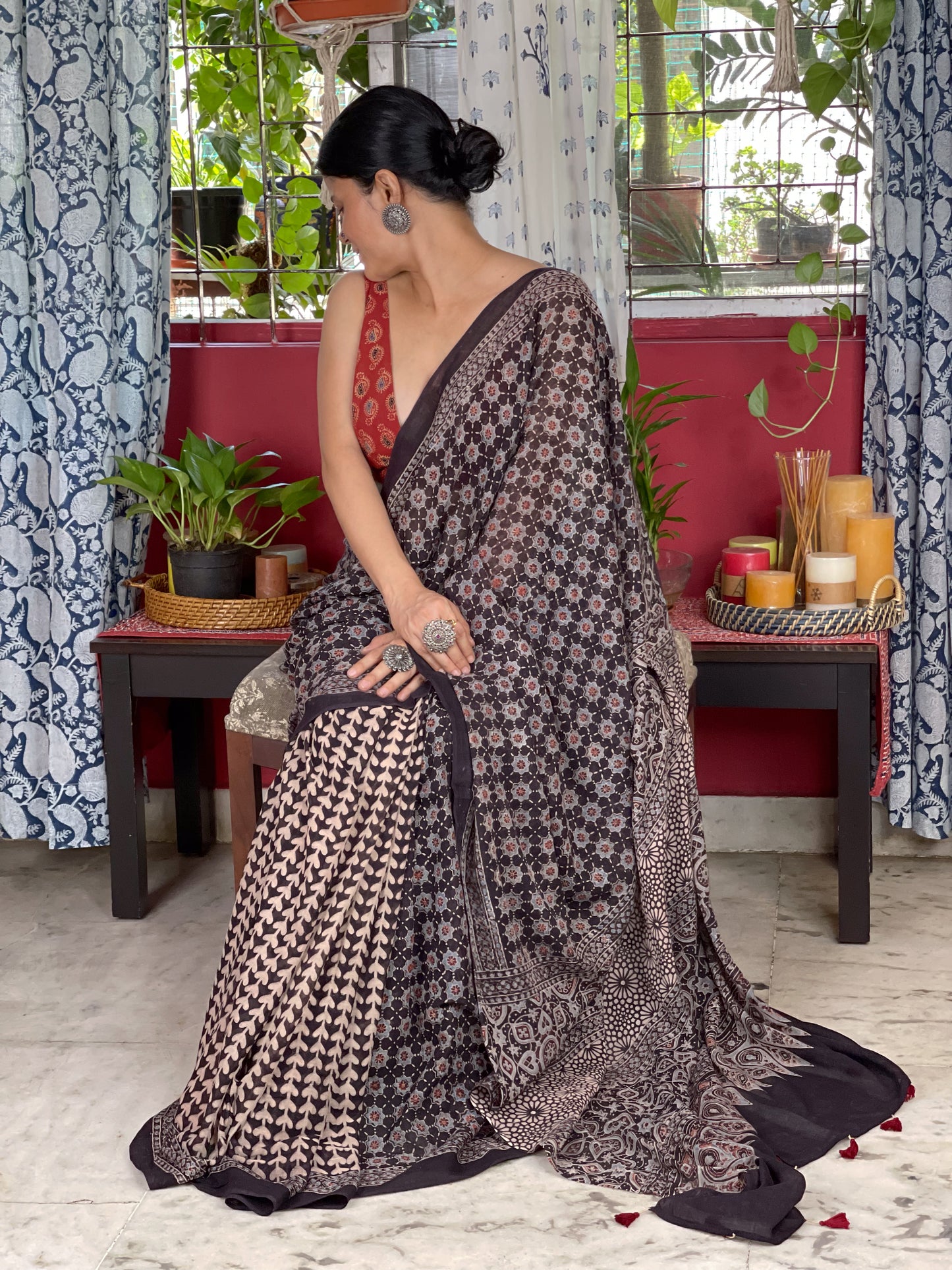 Handblock Printed Natural Dyed Ajrakh Mull Cotton Saree