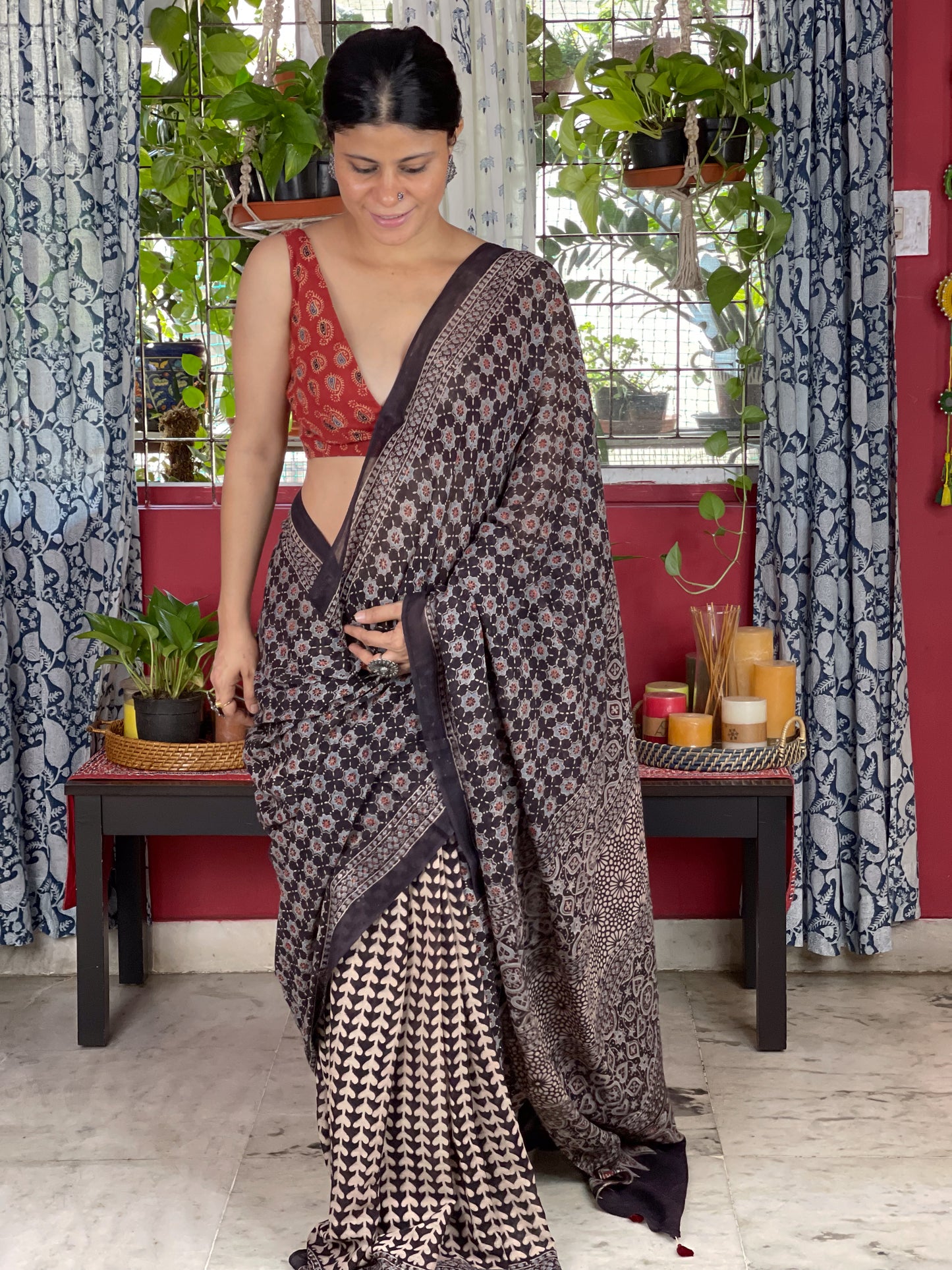 Handblock Printed Natural Dyed Ajrakh Mull Cotton Saree