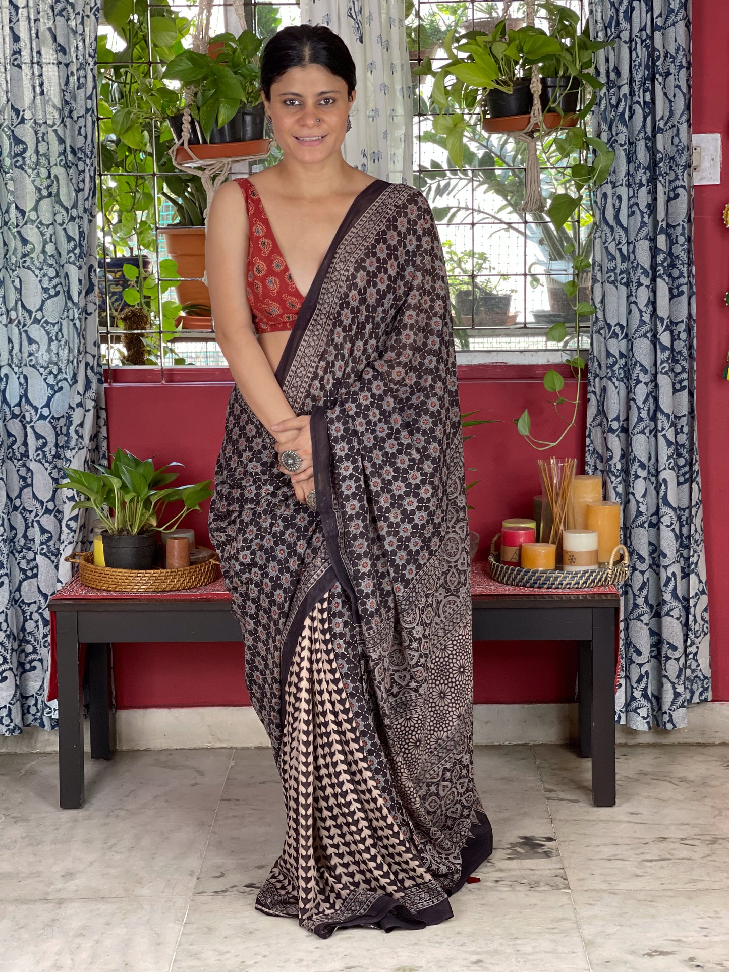 Handblock Printed Natural Dyed Ajrakh Mull Cotton Saree
