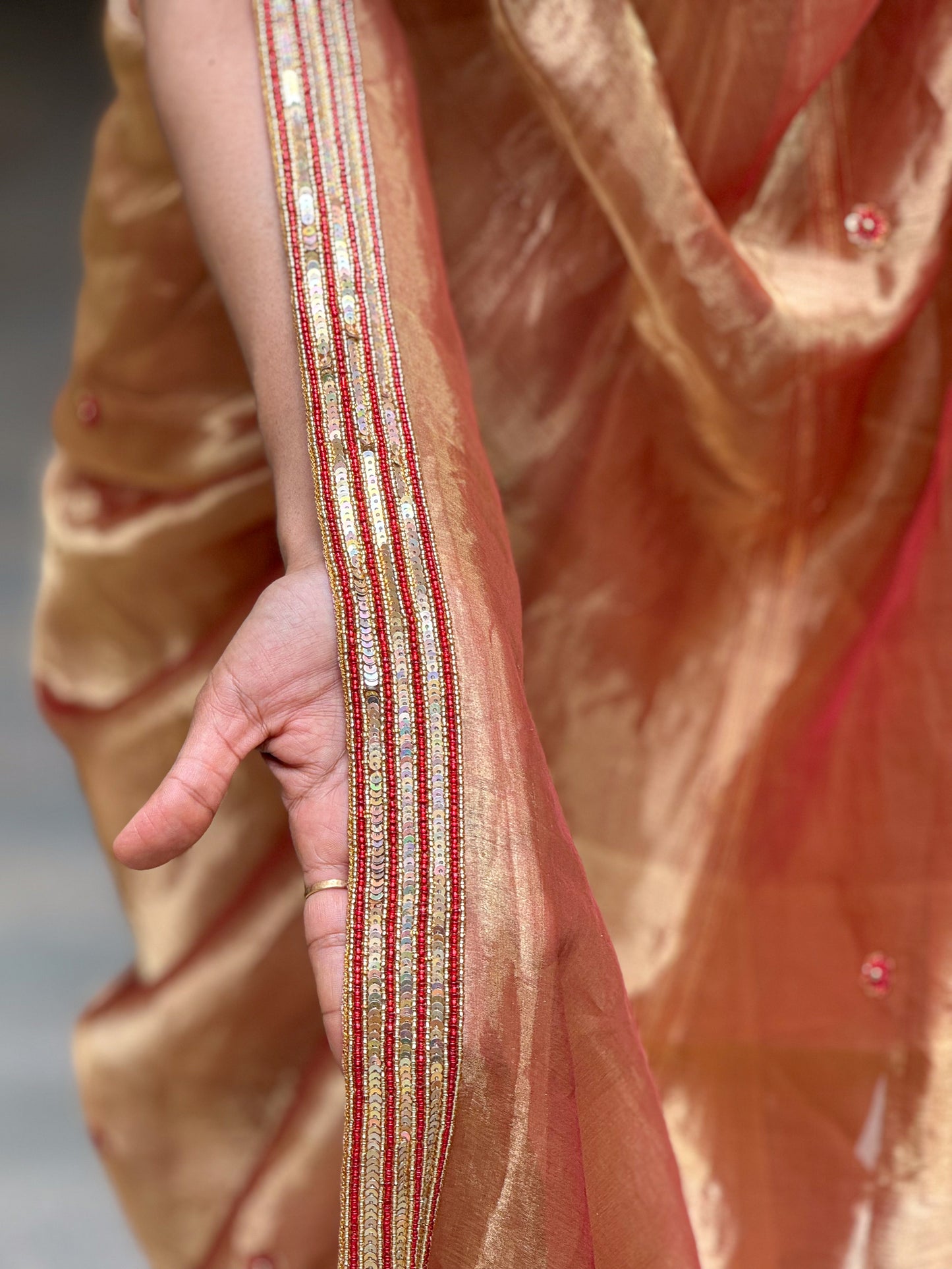 Zardozi & Beads Hand Embroidered Handloom Tissue Silk Saree.