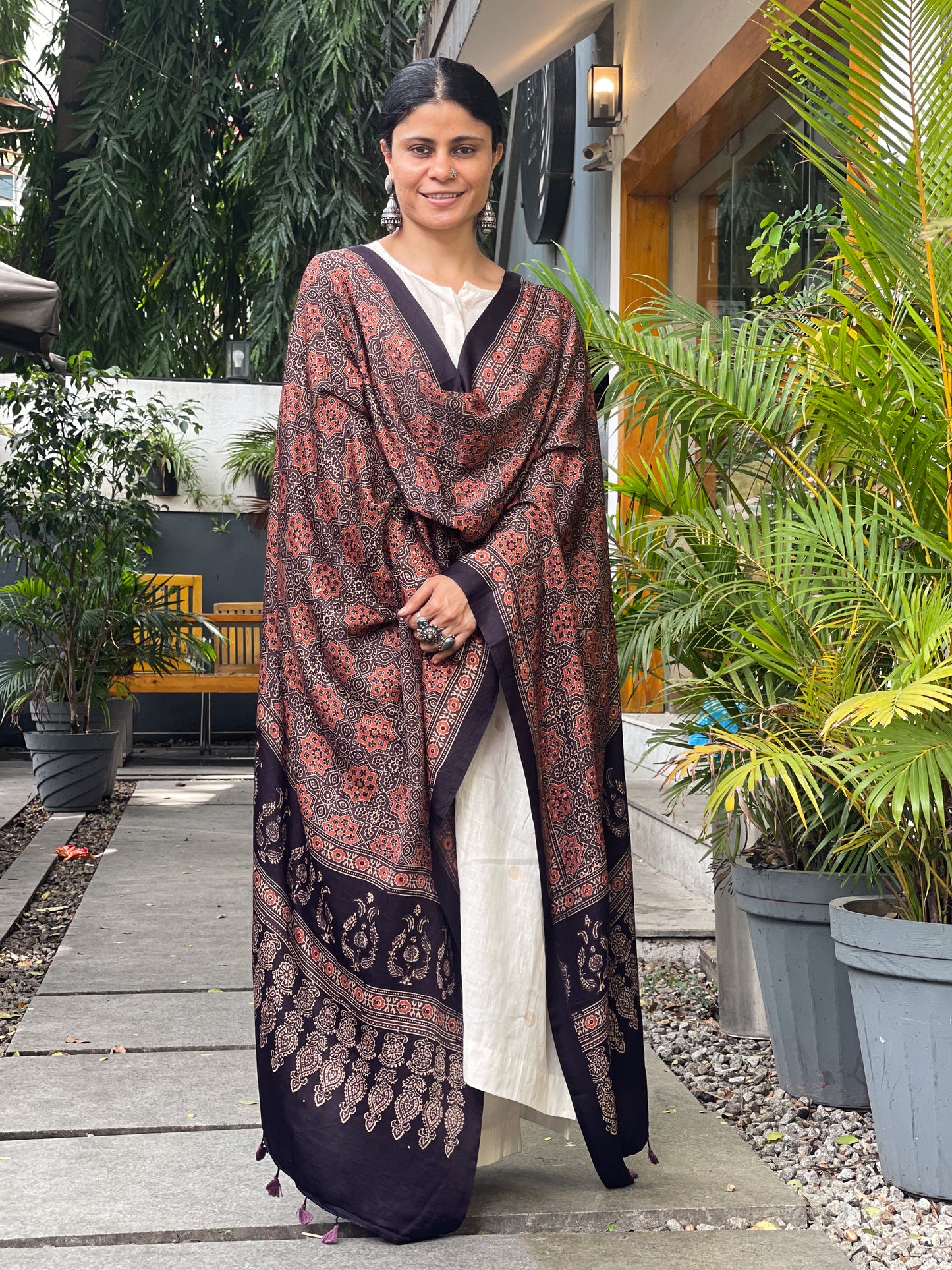 Natural Dyed Handblock Printed Ajrakh Gajji Silk Dupatta