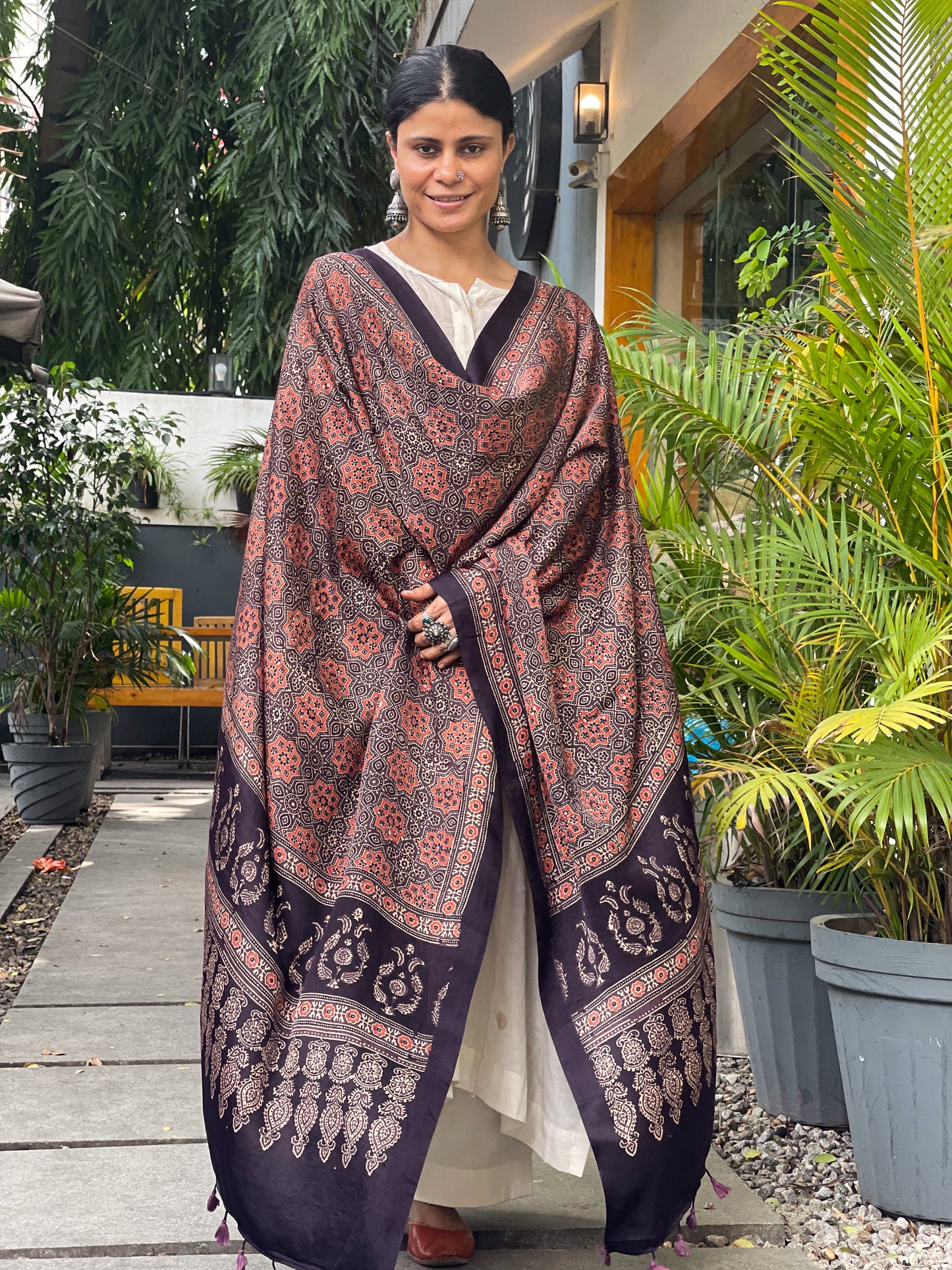 Natural Dyed Handblock Printed Ajrakh Gajji Silk Dupatta