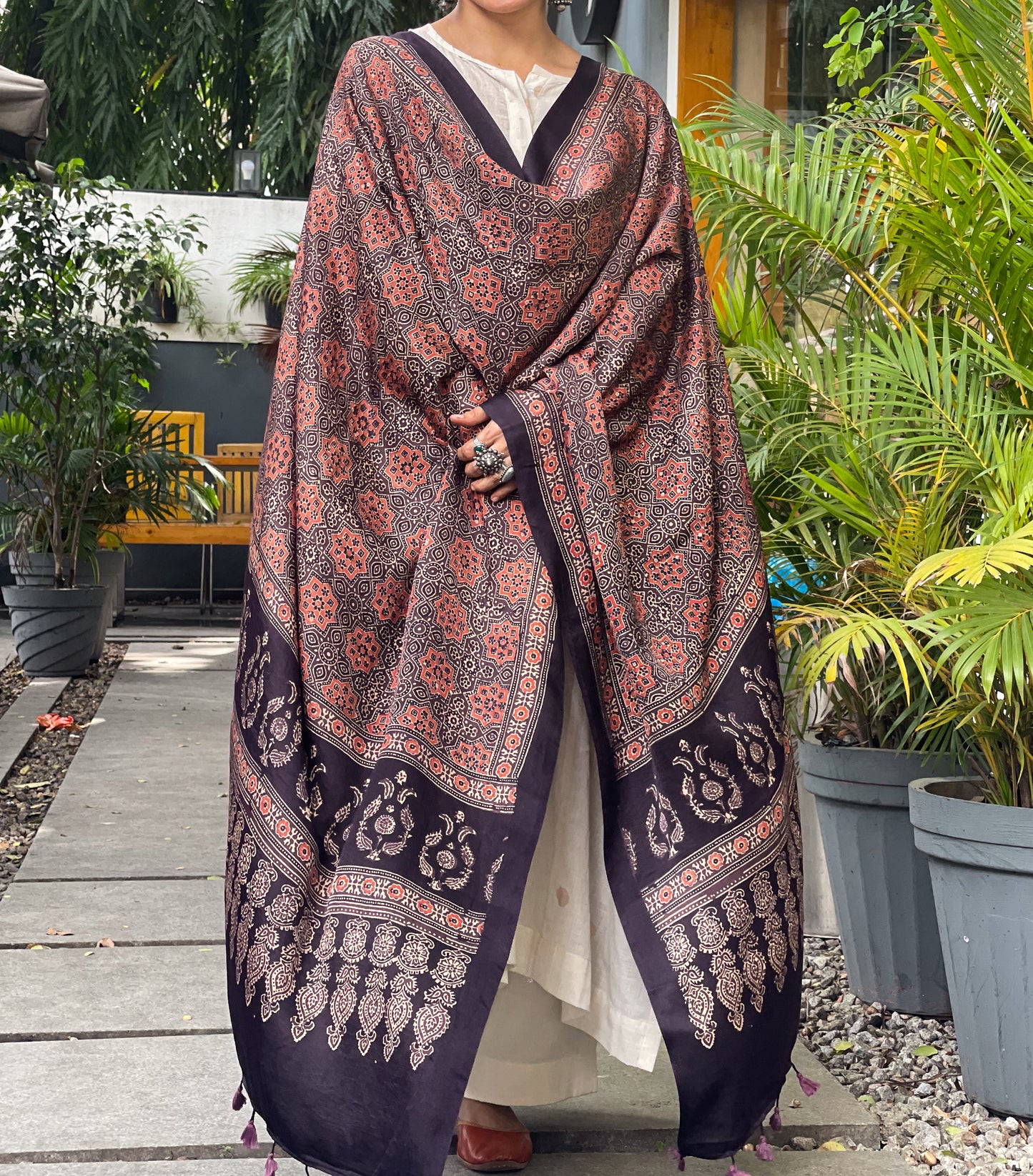 Natural Dyed Handblock Printed Ajrakh Gajji Silk Dupatta