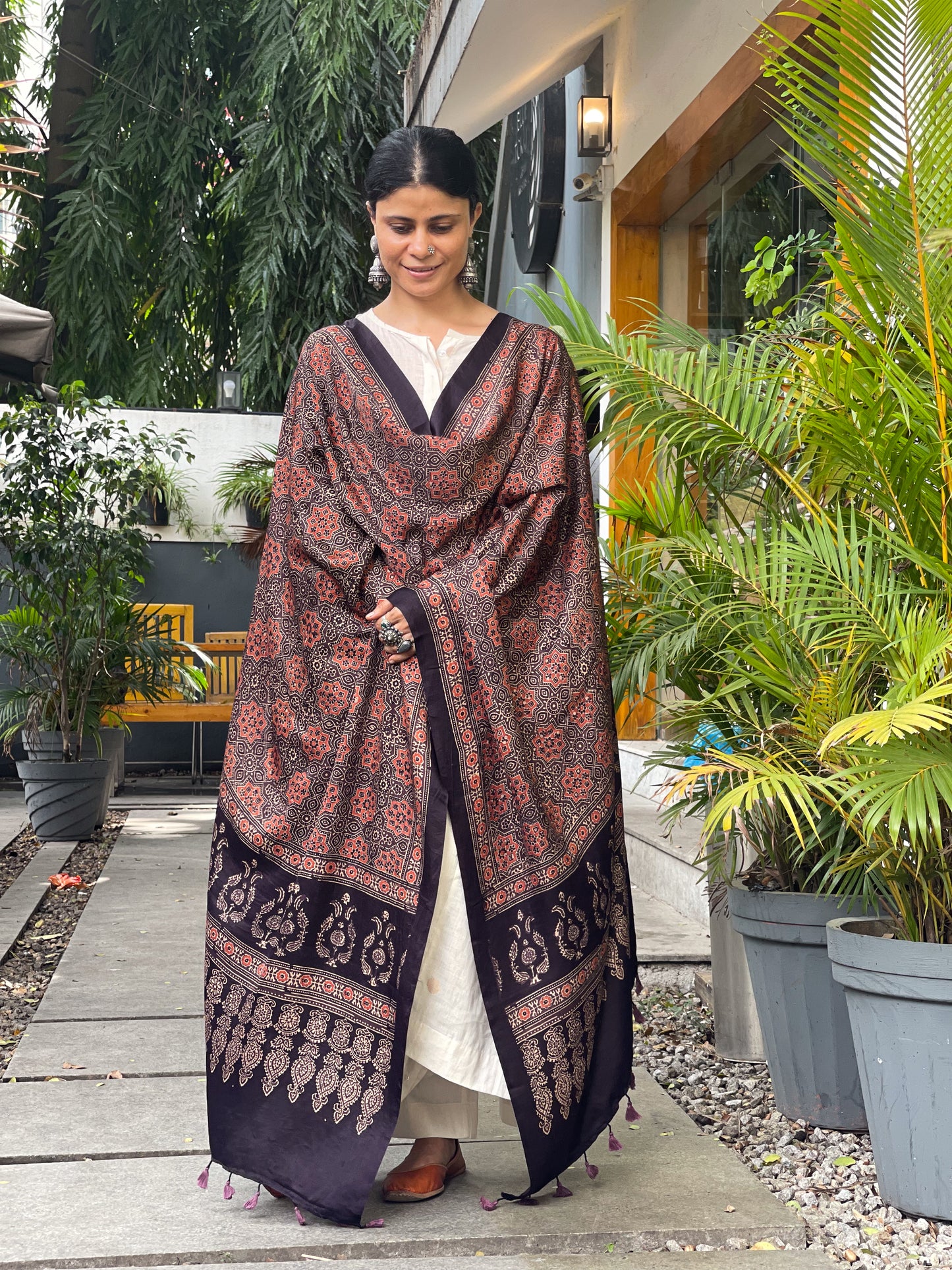 Natural Dyed Handblock Printed Ajrakh Gajji Silk Dupatta