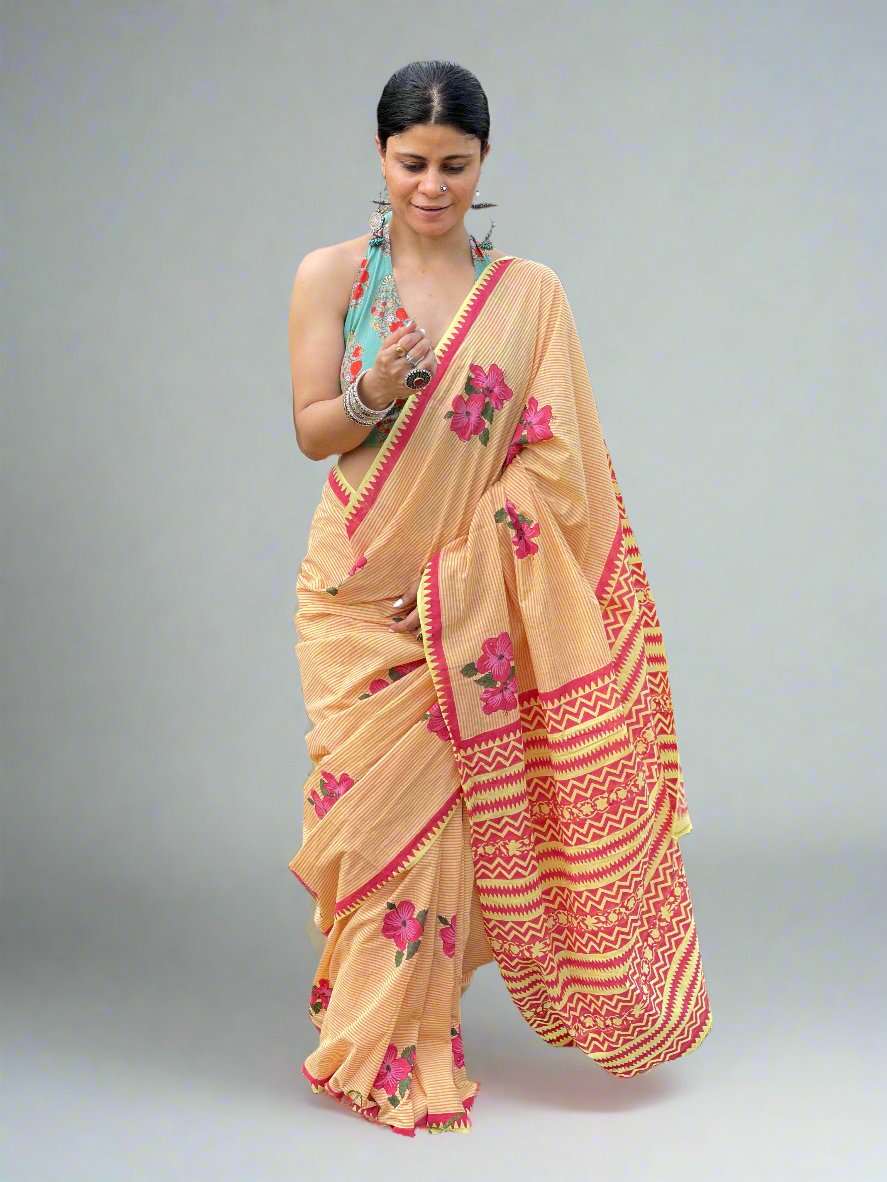 Handloom Cotton Sarees in handblock printed.