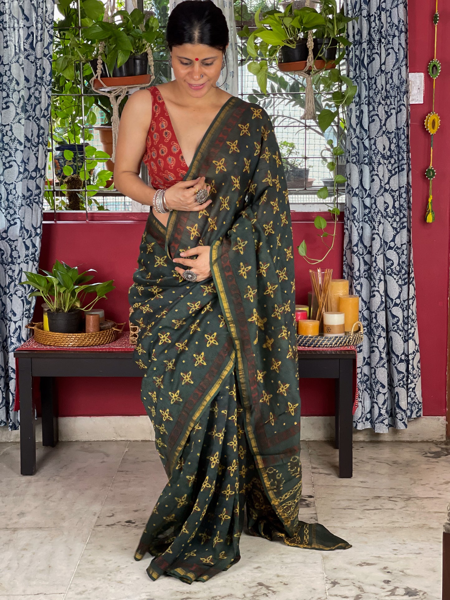 Handblock Printed Natural Dyed Ajrakh Chanderi Silk Saree