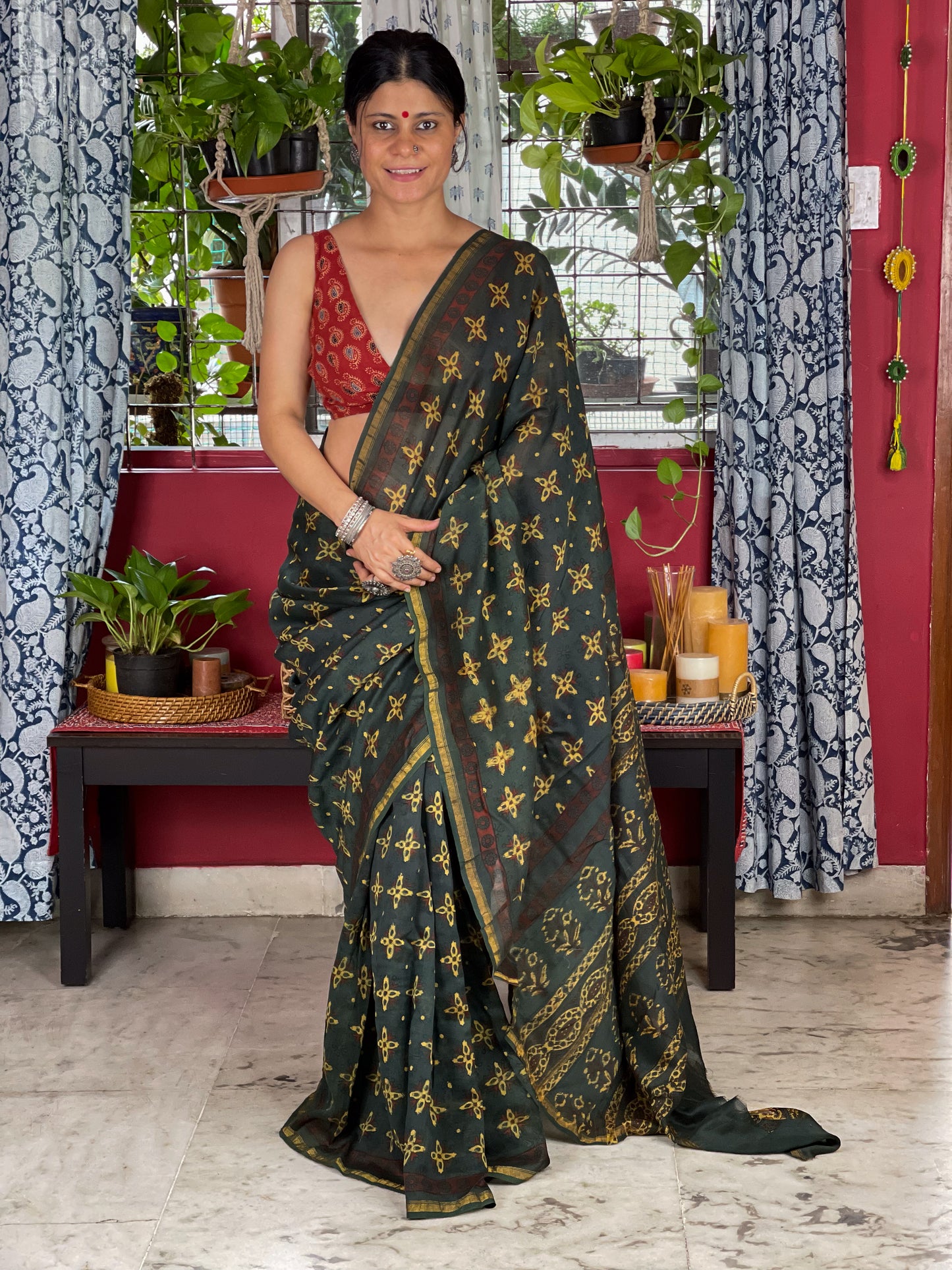 Handblock Printed Natural Dyed Ajrakh Chanderi Silk Saree