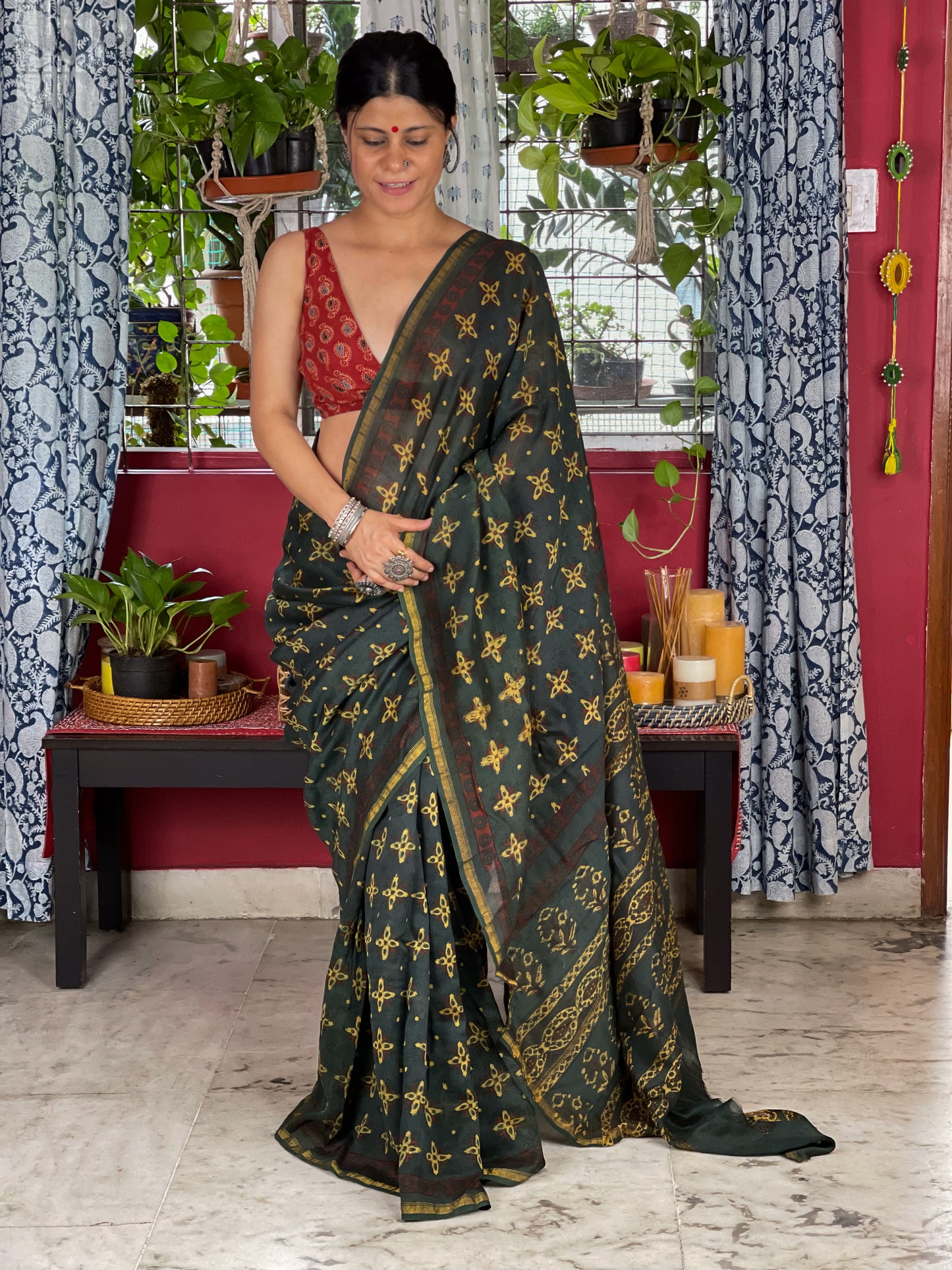 Handblock Printed Natural Dyed Ajrakh Chanderi Silk Saree