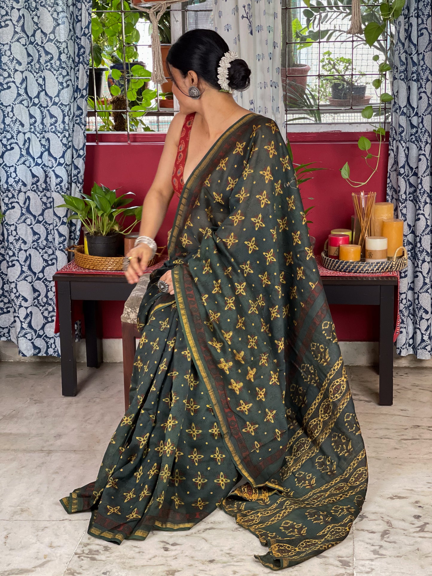 Handblock Printed Natural Dyed Ajrakh Chanderi Silk Saree