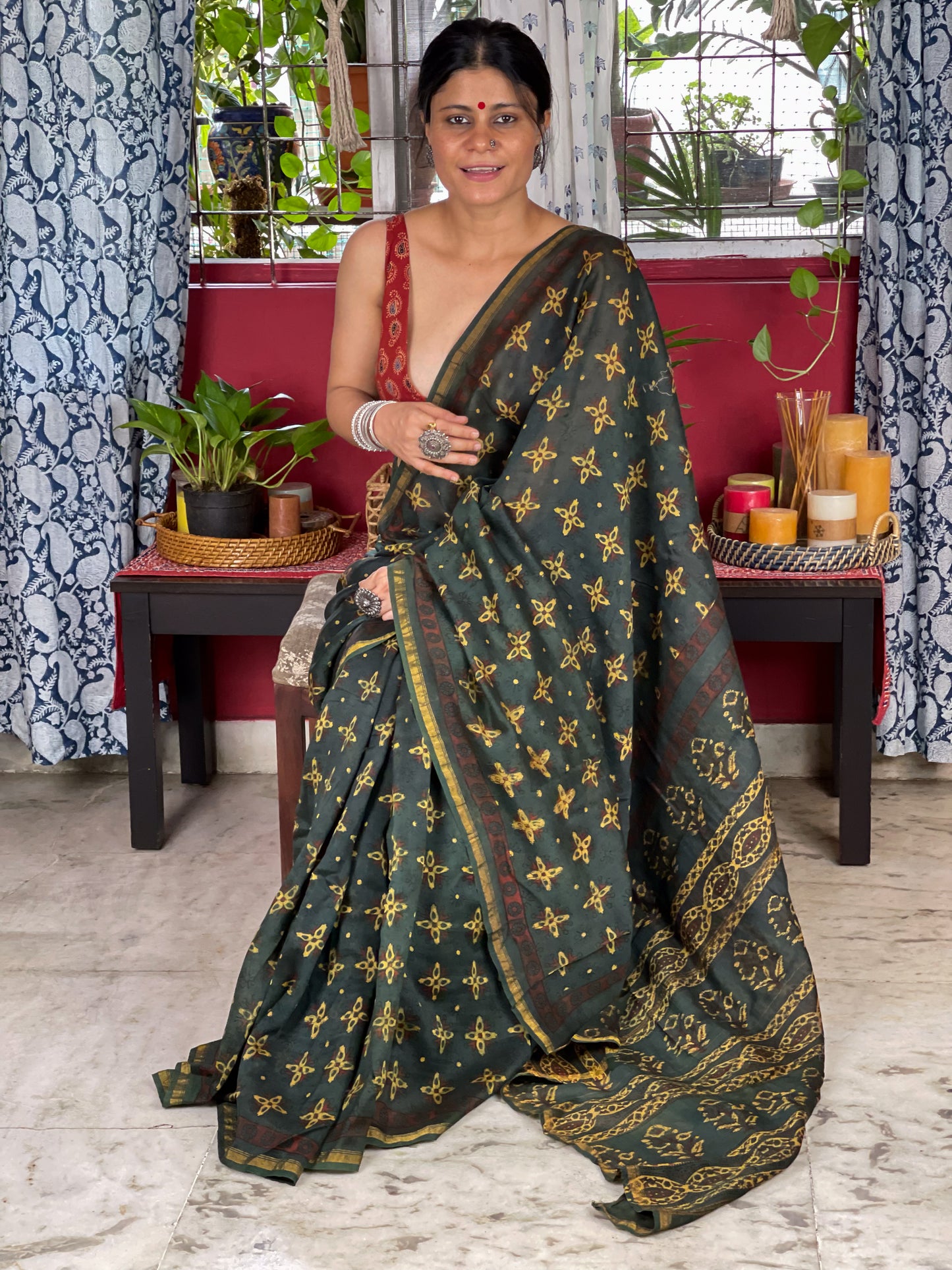 Handblock Printed Natural Dyed Ajrakh Chanderi Silk Saree