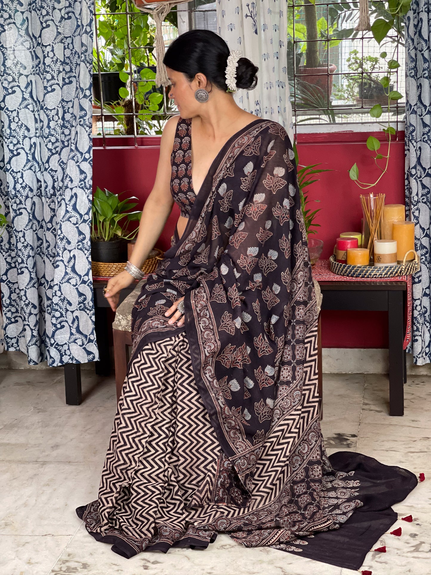 Handblock Printed Natural Dyed Ajrakh Mull Cotton Saree