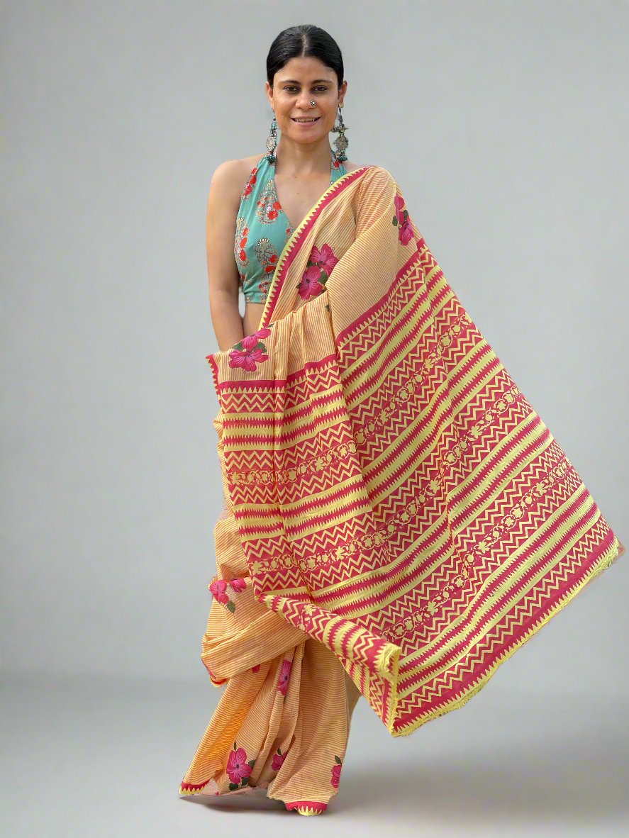 Handloom Cotton Sarees in handblock printed.