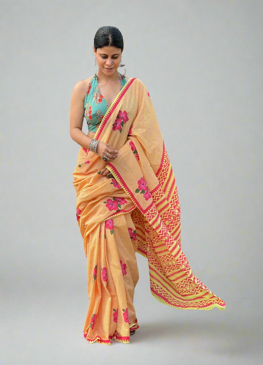 Handloom Cotton Sarees in handblock printed.